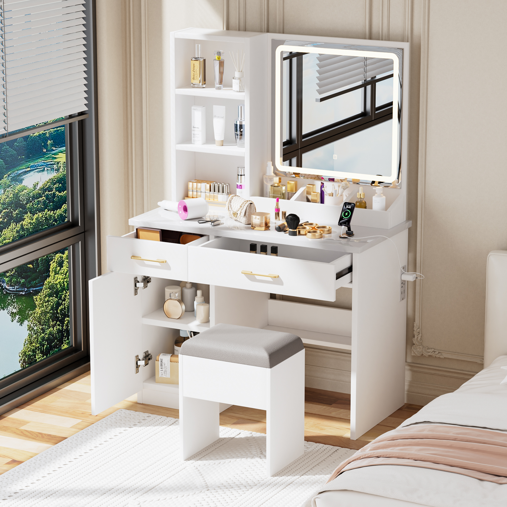 Bureau de vanité maquillage miroir lumières blanc 3 modes éclairage