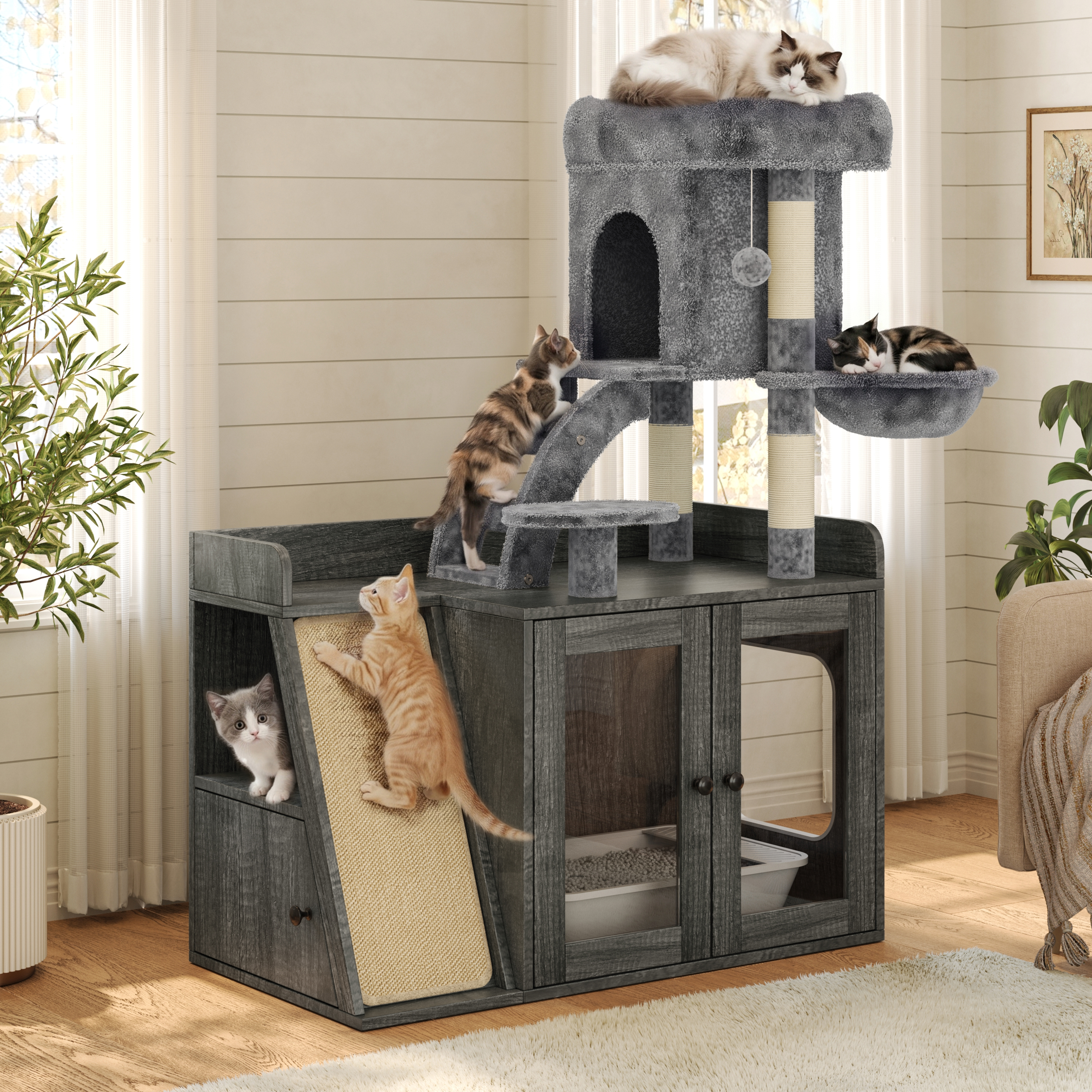 Meuble litière chat avec arbre LED grattoir sisal gris
