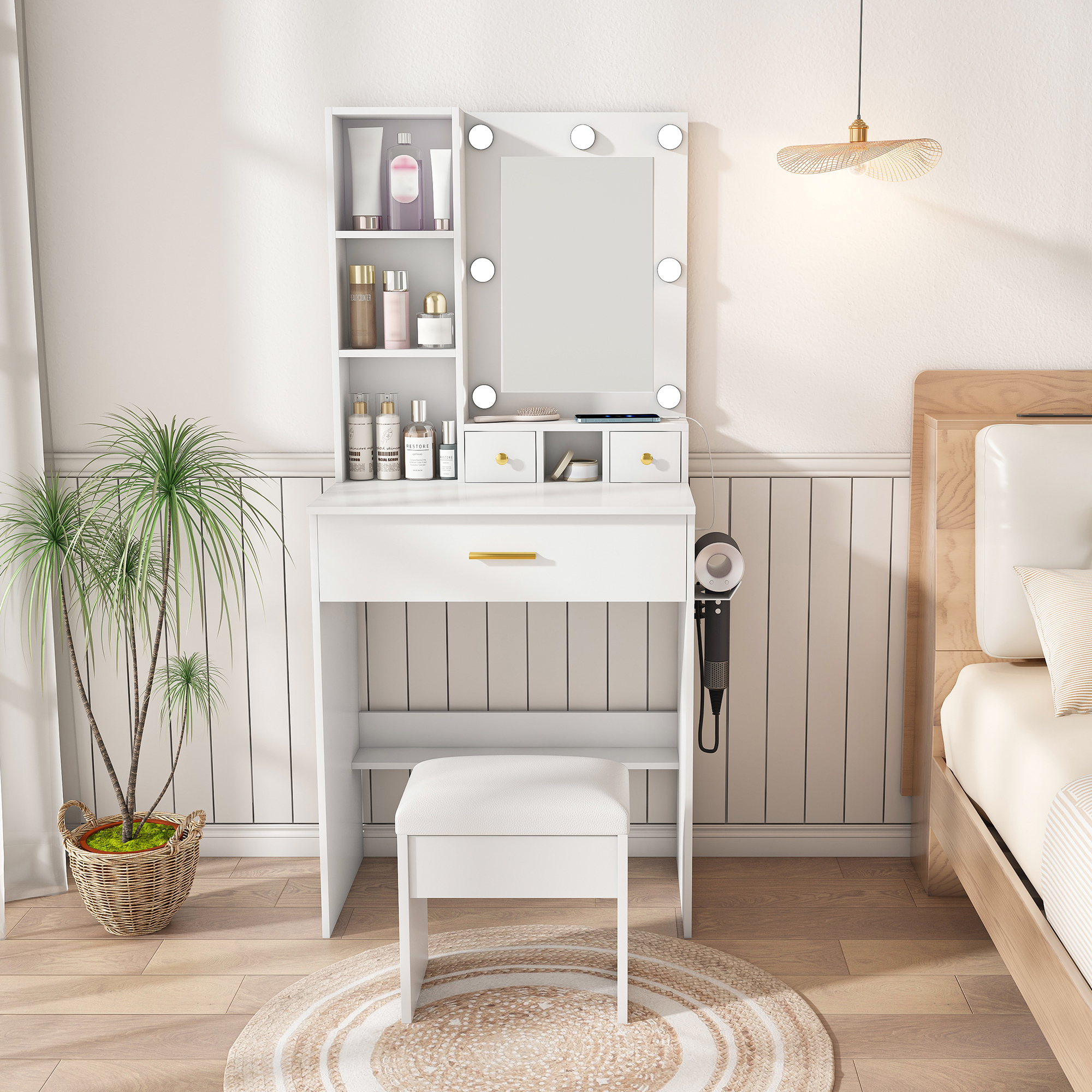 Table de vanité avec miroir, lumières LED ajustables, prise et tabouret blanc