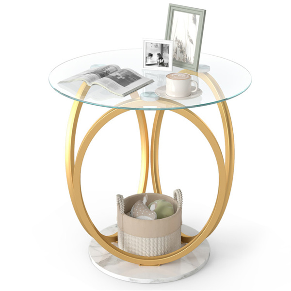 Table d'appoint moderne 2 étages verre marbre faux blanc or