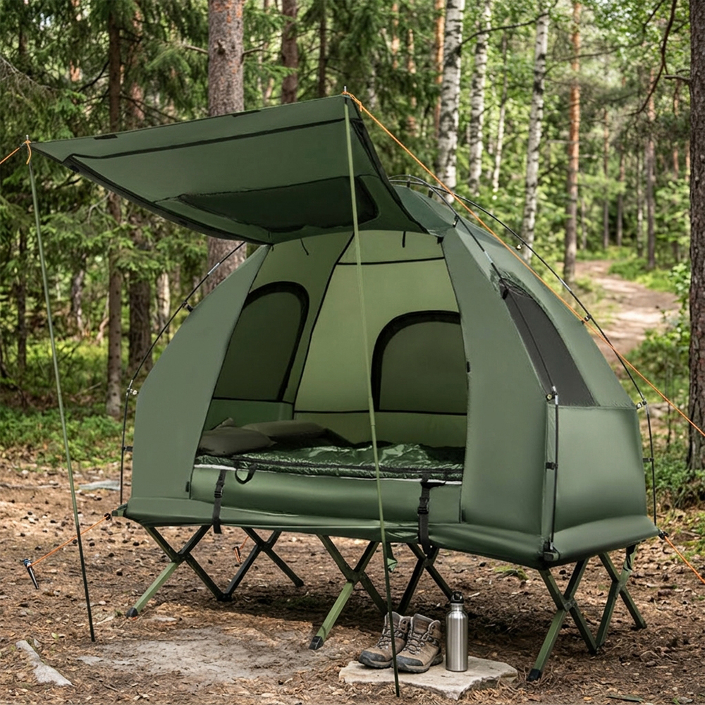 Tente cot camping pliable avec matelas air et sac