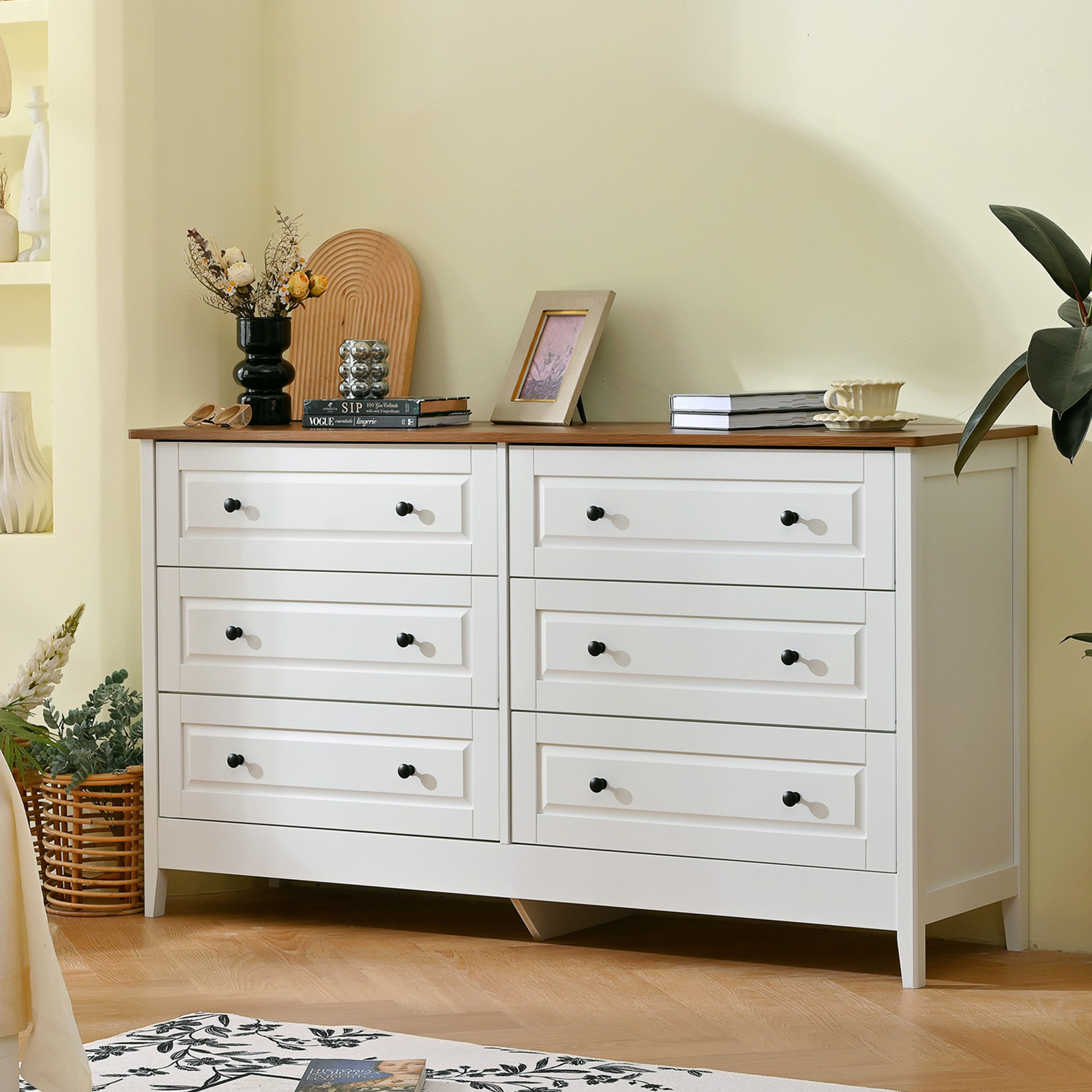 Commode 6 tiroirs bois peint, blanc, rangement chambre/salon