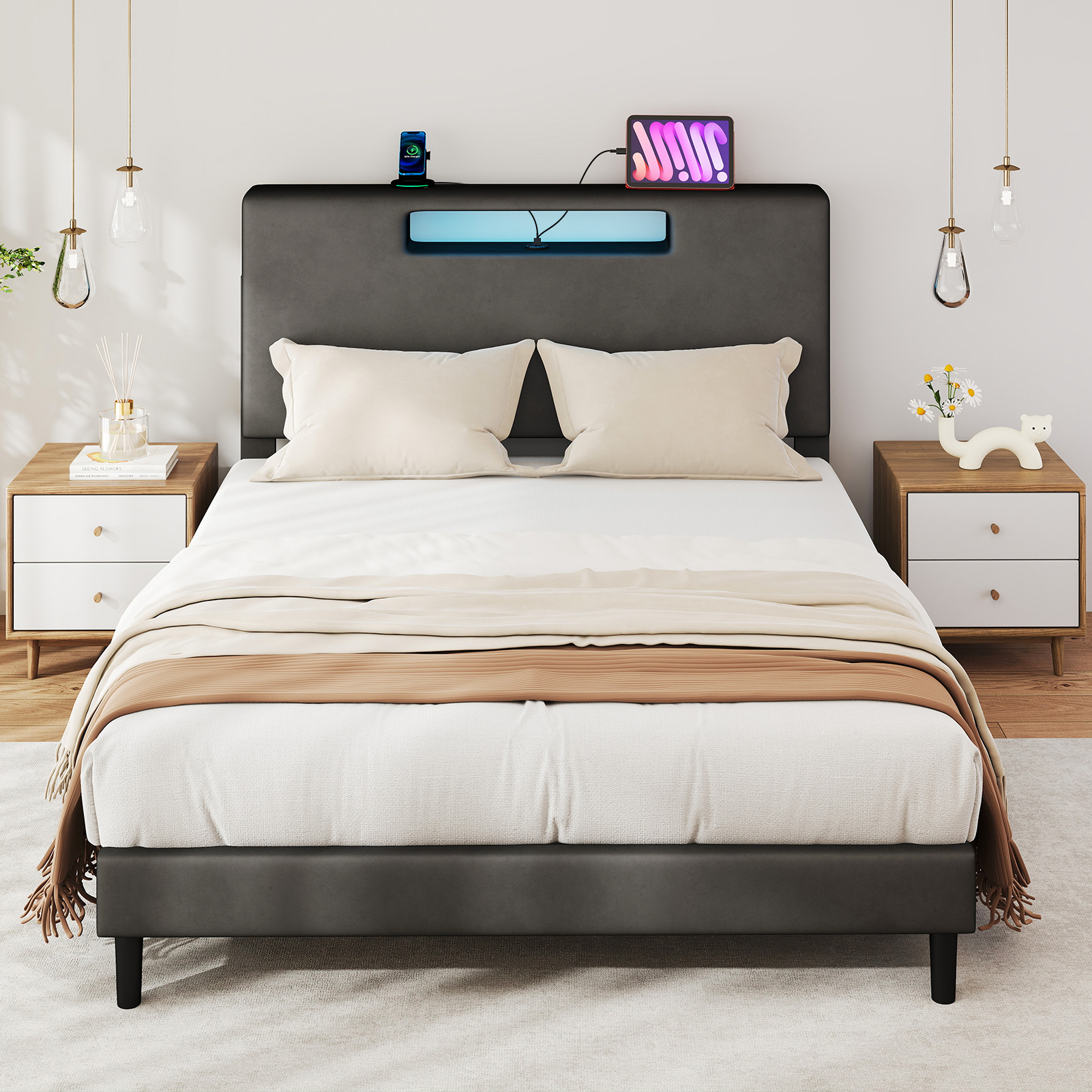 Lit plateforme Full cuir noir, DEL, port charge
