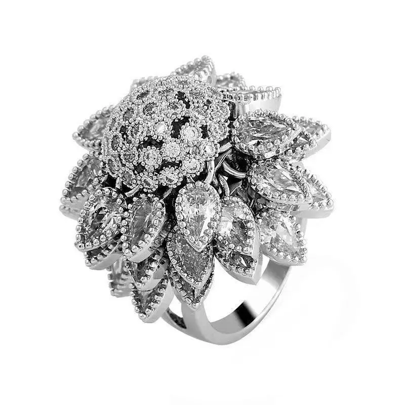 Bague fleur argent ajustable femme zircone