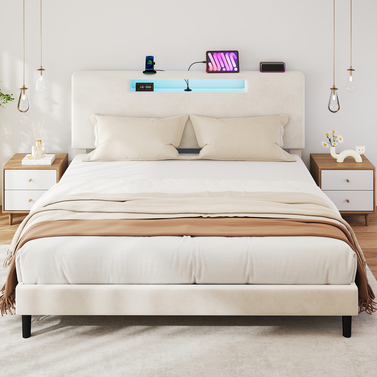 Lit King Cadre Tapissé Tête Lit Haute LED Charge Bois