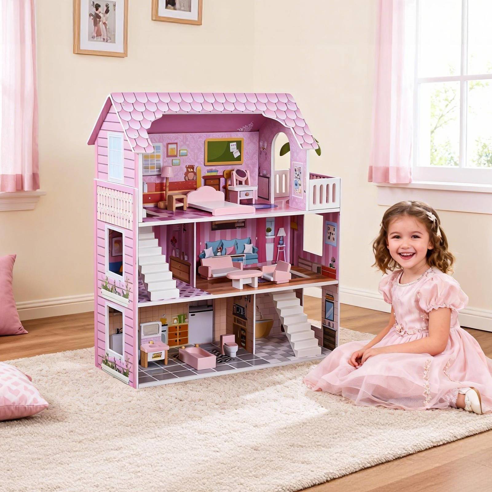 Maison poupée 3 étages meubles pièces multiples rose 3+