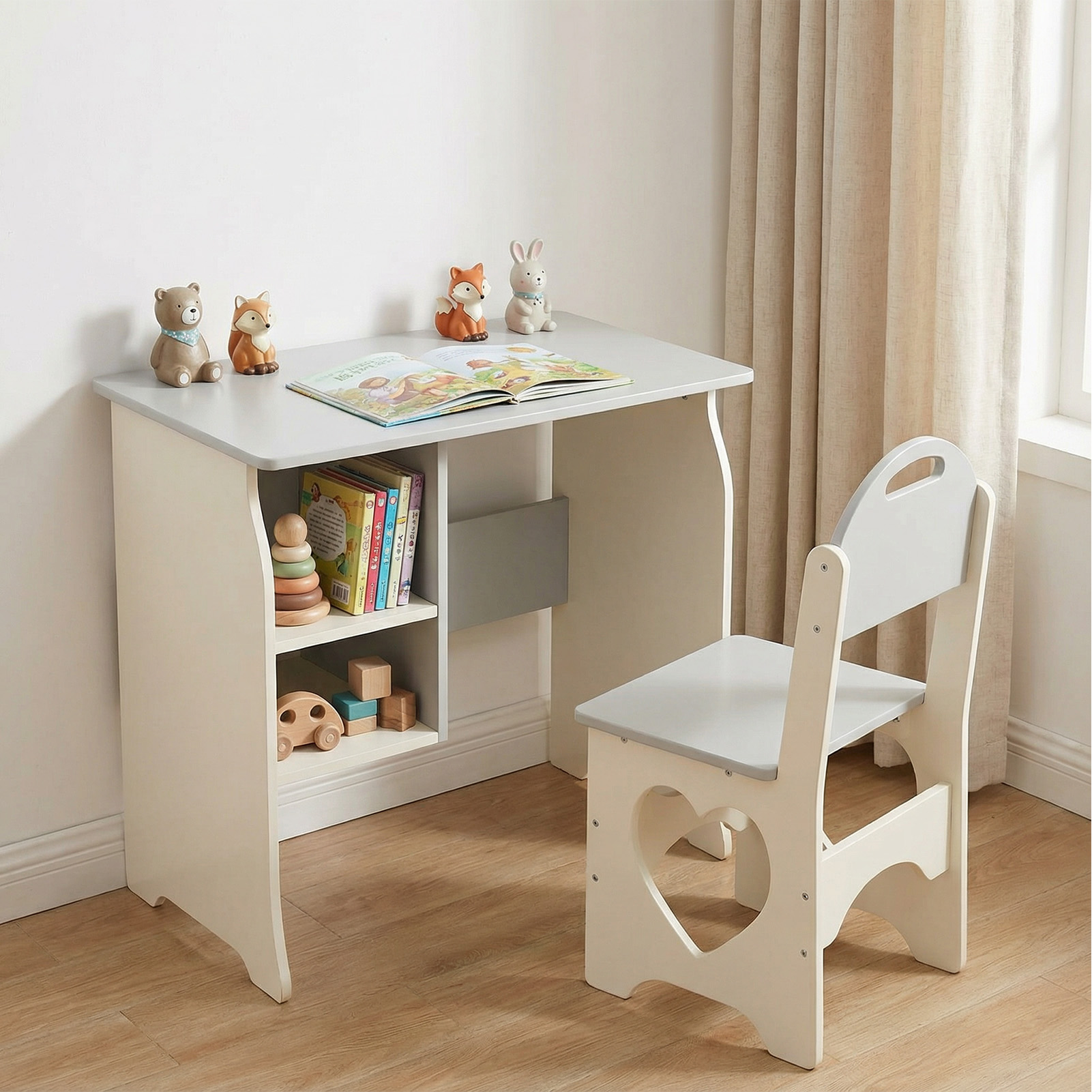 Ensemble bureau enfant chaise blanc gris table étude maison école