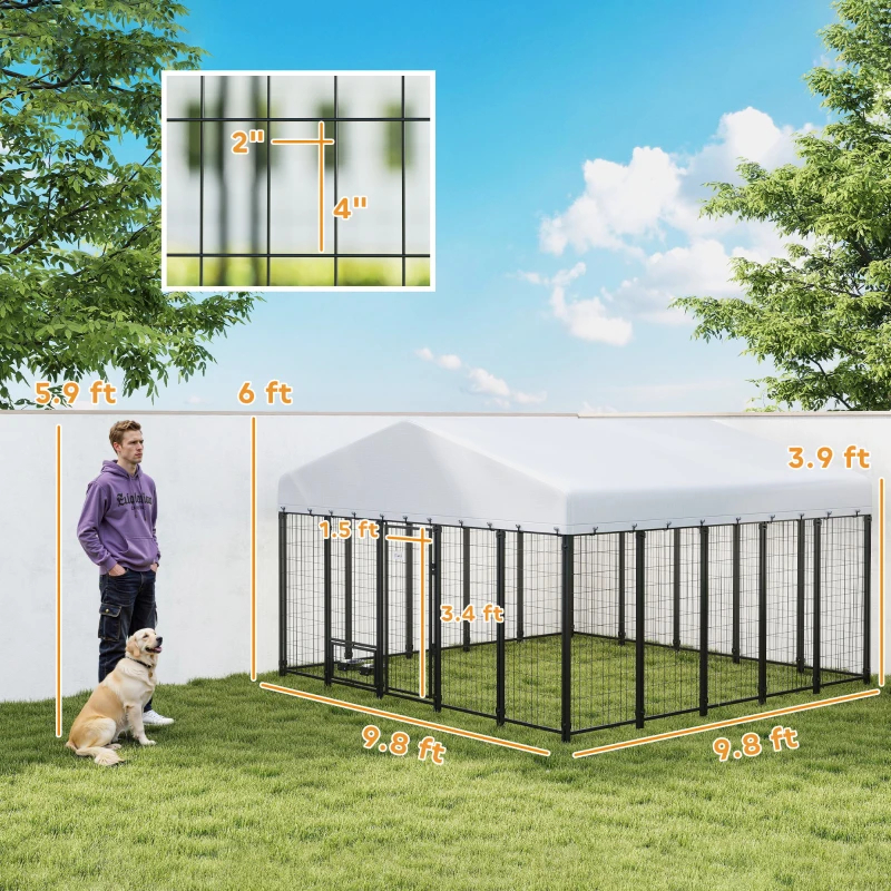 Enclos chien 9.8x9.8x6pi extérieur, bols rotatifs 360, UV