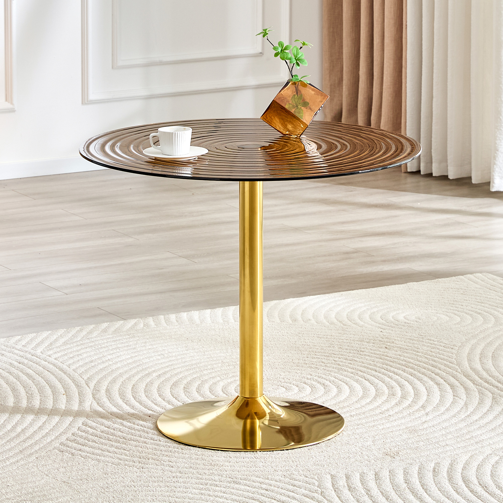 Table ronde verre 35" luxe marron base métal