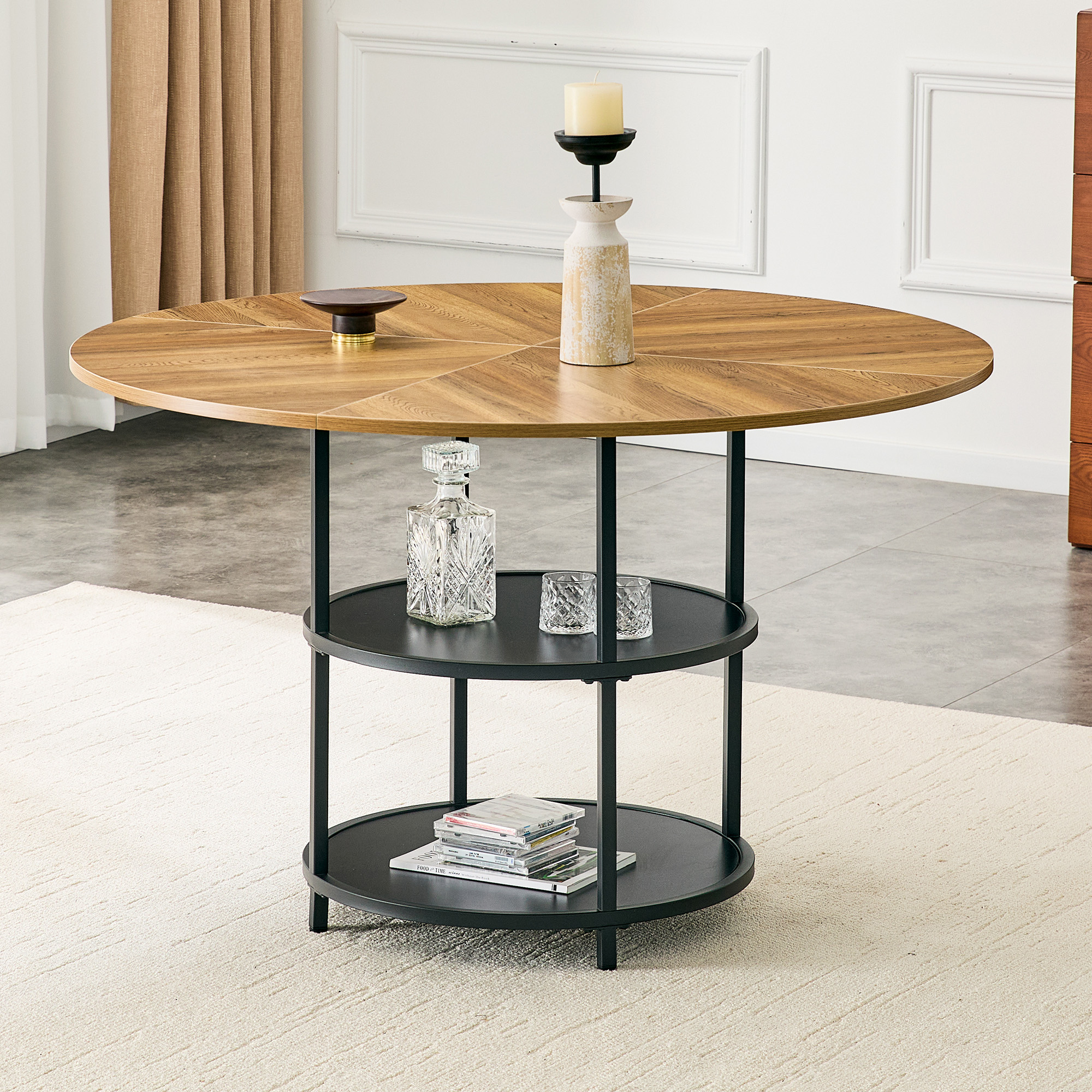 Table à dîner circulaire 47,3 po rangement double bois noir design