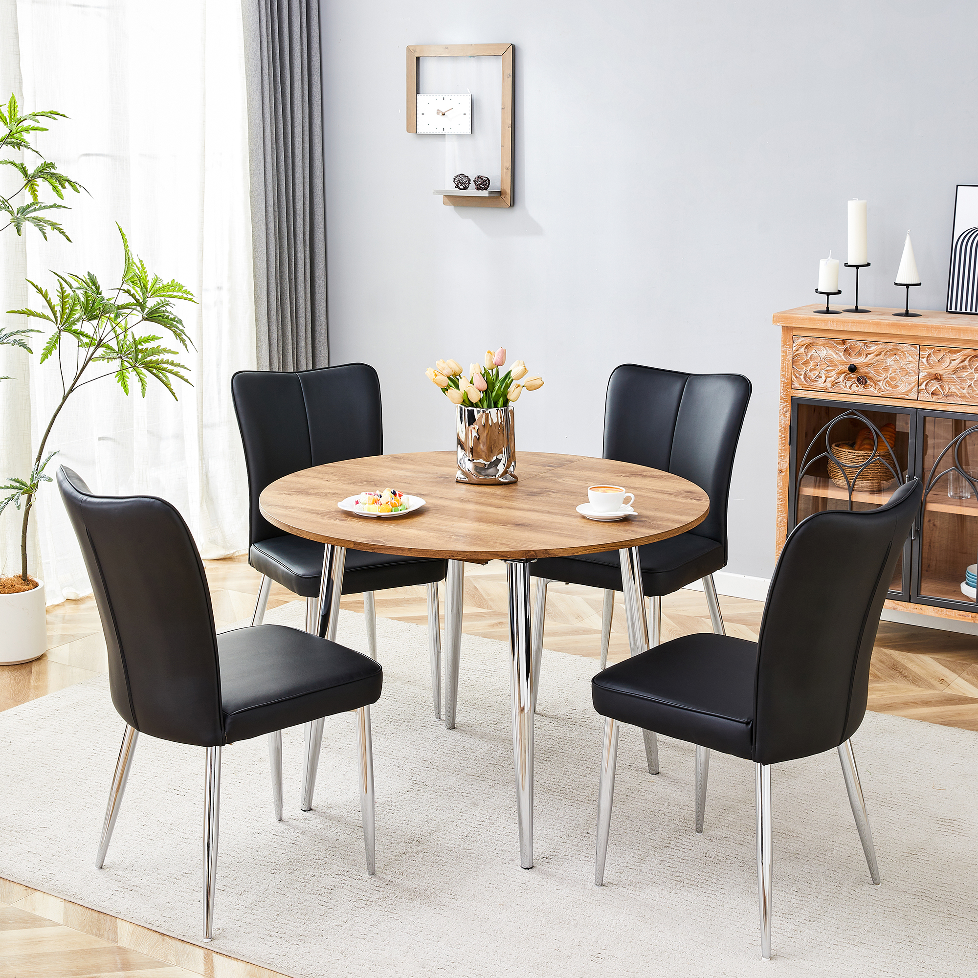 Table chaise ensemble extensible MDF grain bois pieds métal 4 chaises