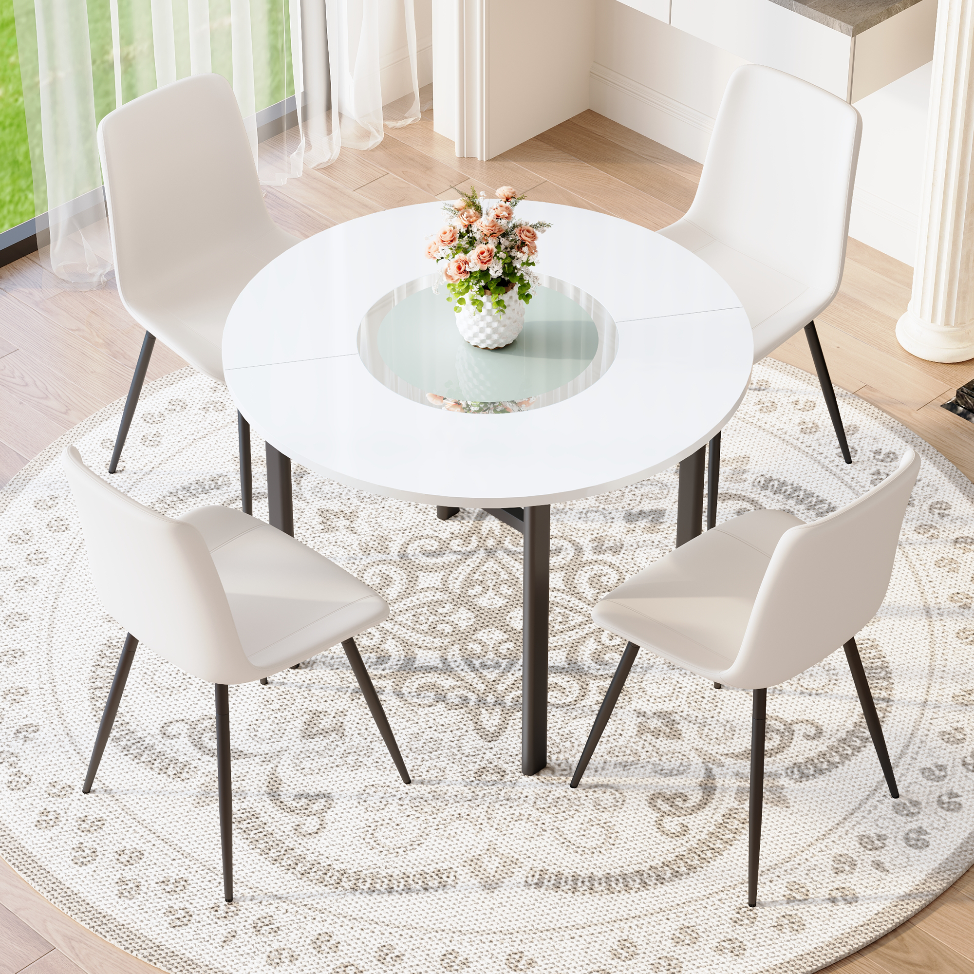 Table ronde 42po minimaliste blanche 4 chaises coussin courbe