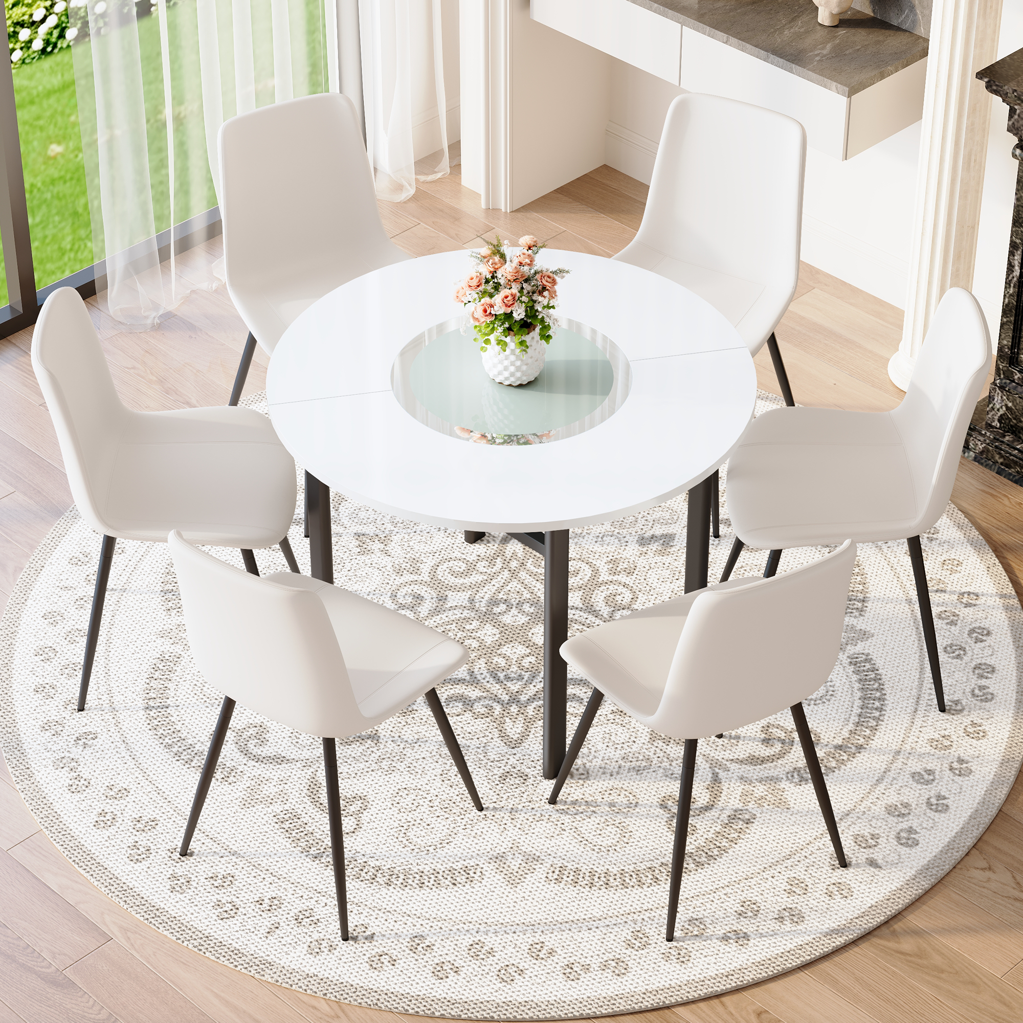 Table ronde 42 po blanche 6 chaises PU