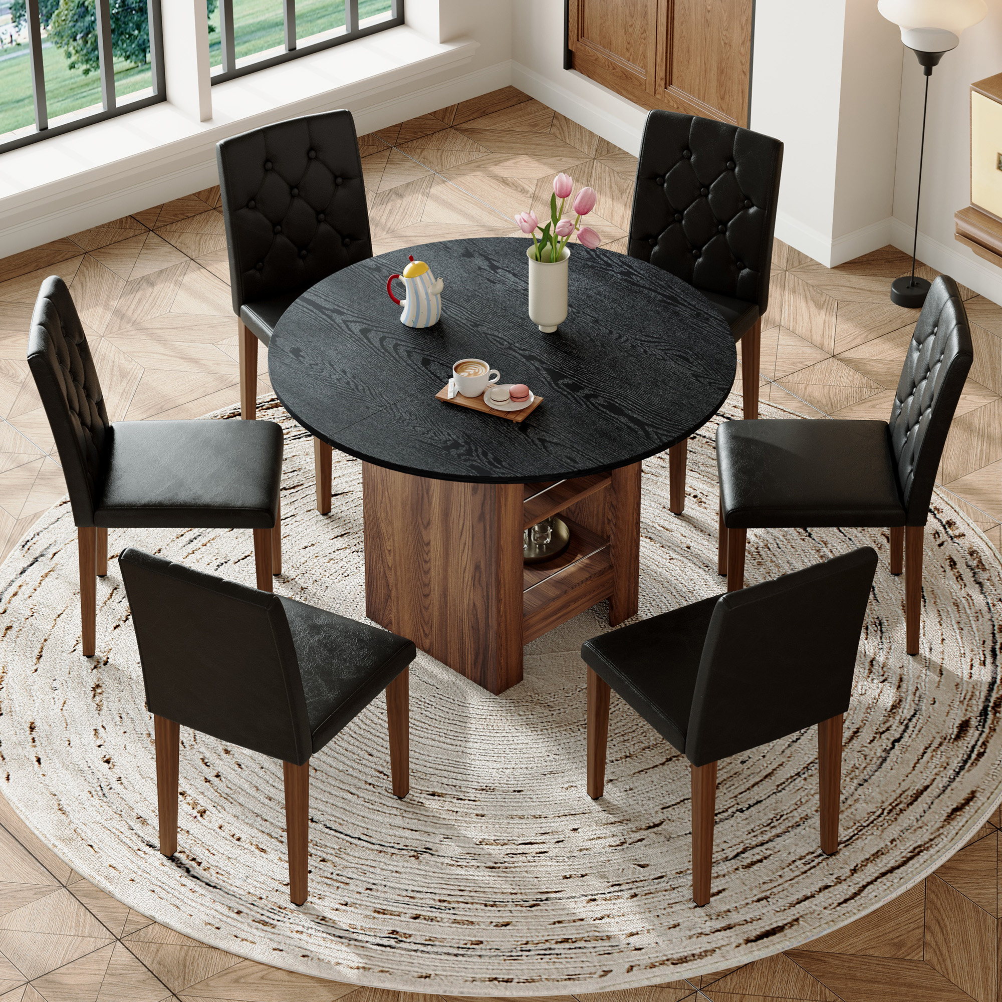 Table chaise 42 po ronde MDF noir + 6 chaises noir