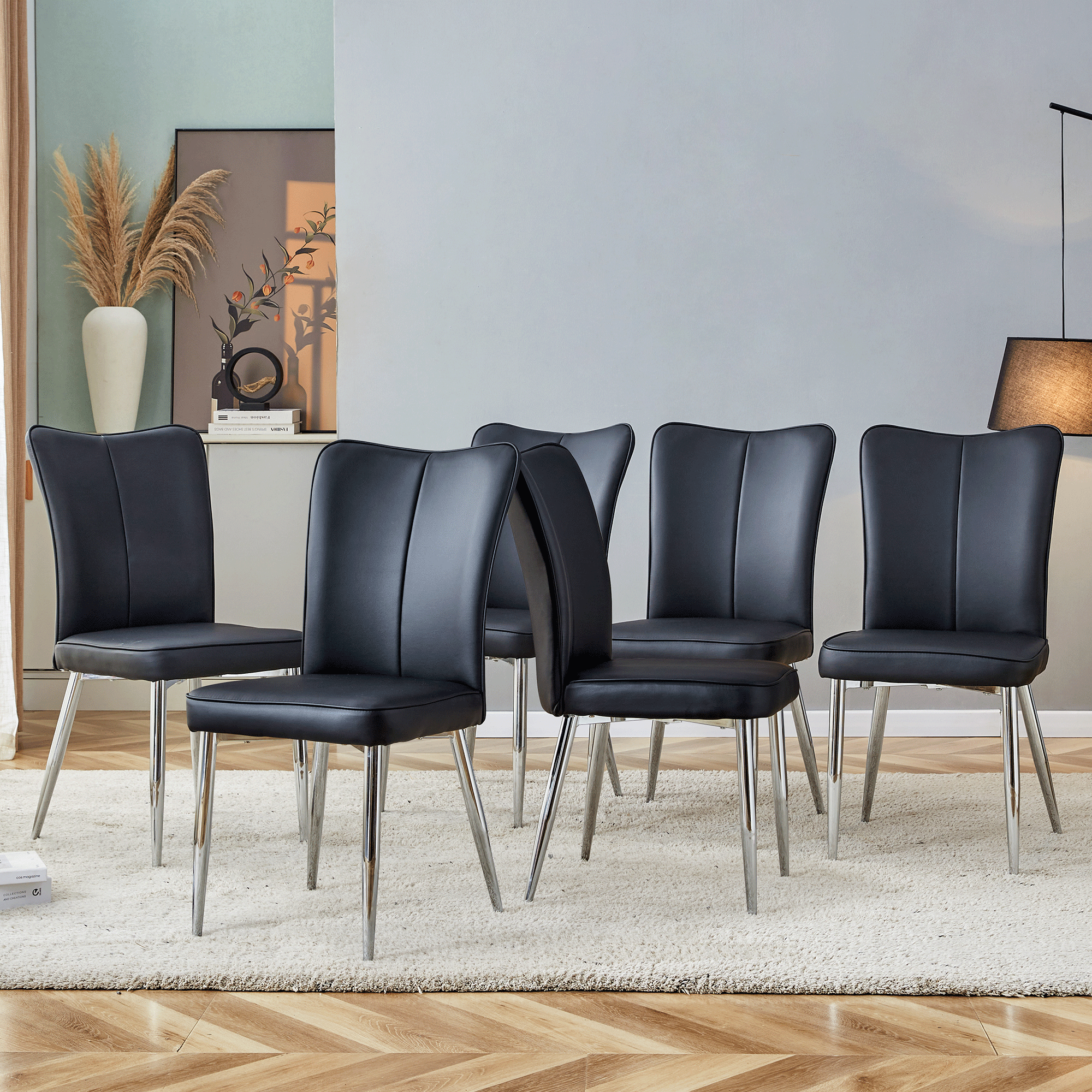 Set 6 chaises salle à manger cuir PU noir, dossier courbé