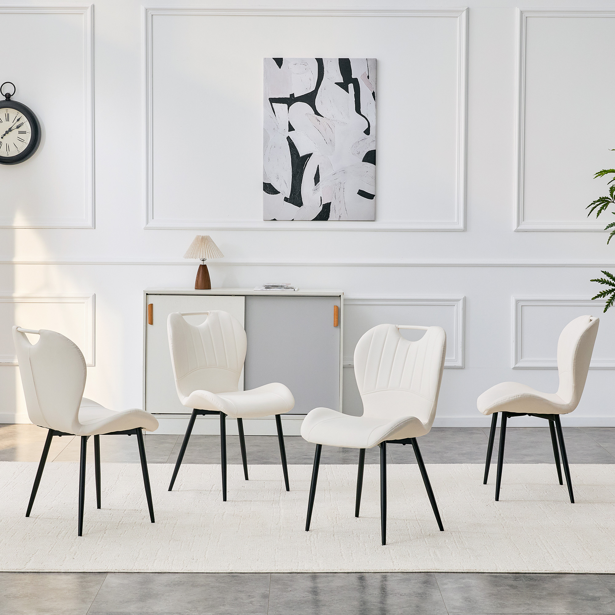 Ensemble 4 chaises blanc PU, cadre métal, coussin confort