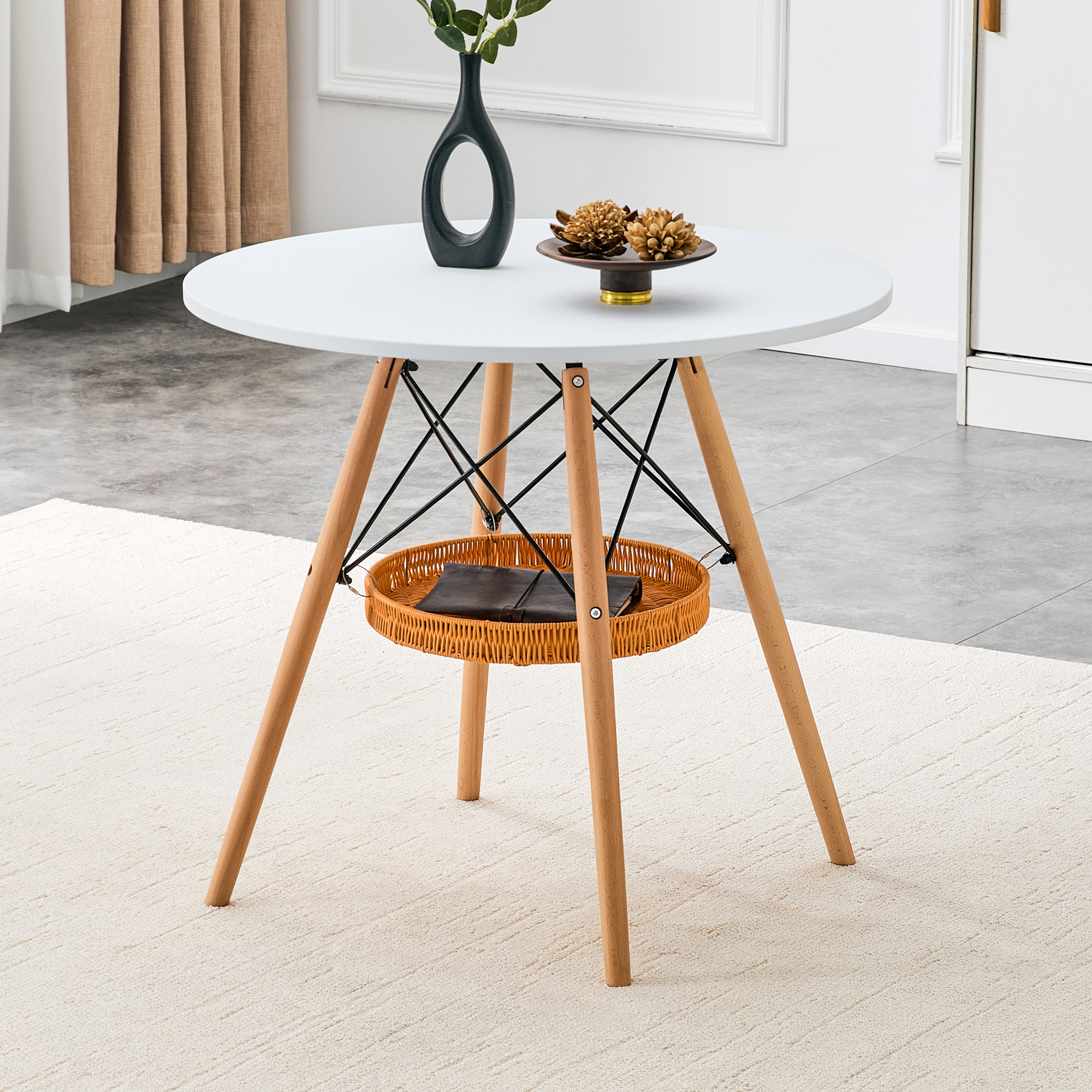 Table à manger circulaire 31,5 po, plateau MDF blanc, pattes bois massif