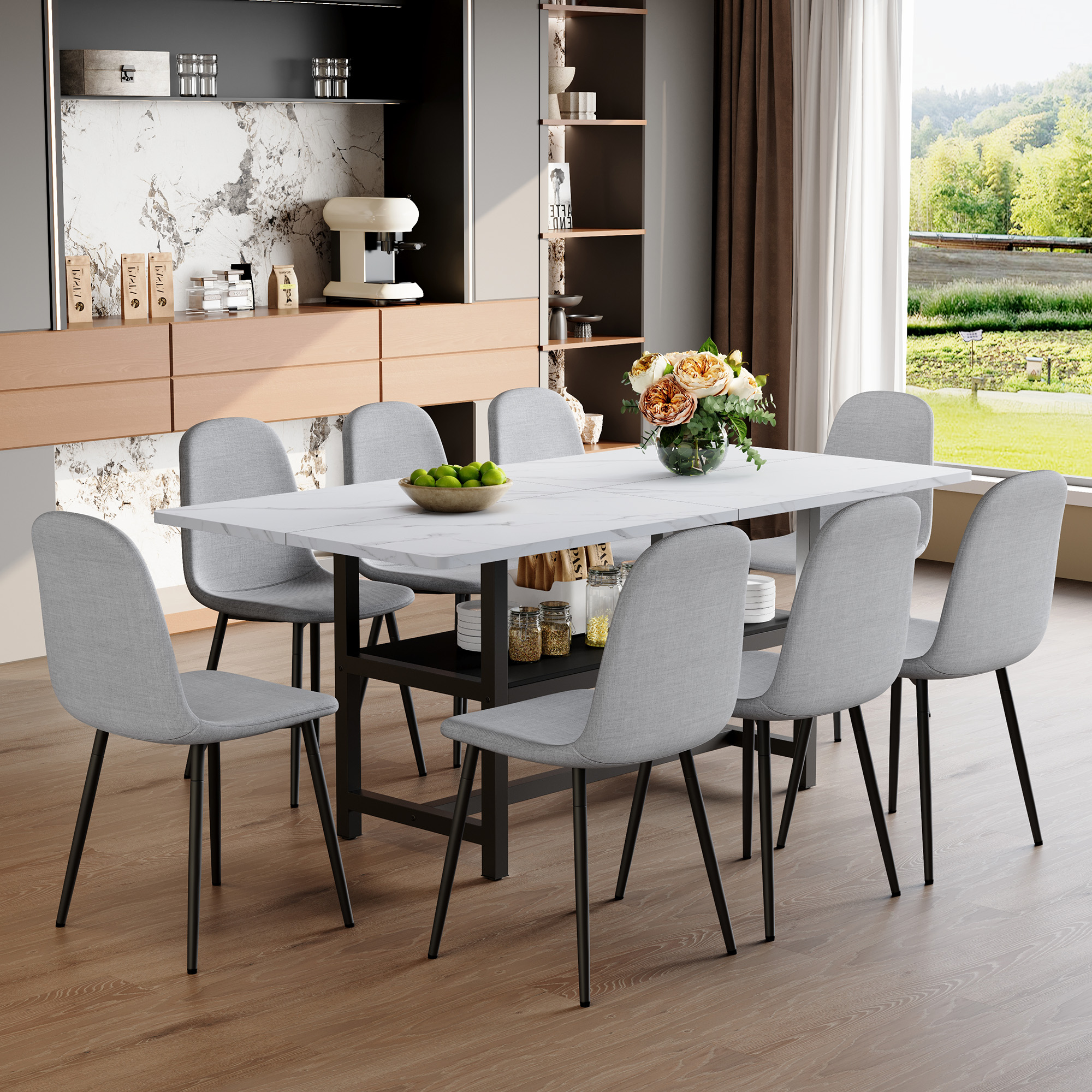Table salle à manger 71x35,4 po, 8 chaises gris