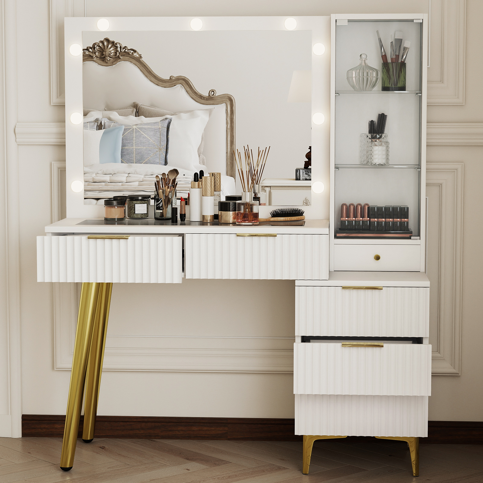 Bureau vanité cannelé miroir 5 tiroirs blanc