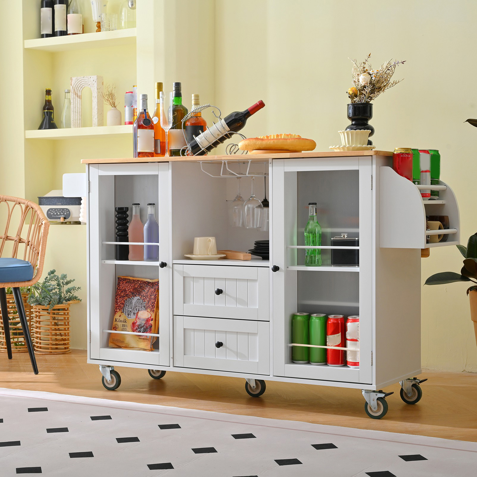 Îlot cuisine roulant 13 rangements plateau amovible blanc moderne