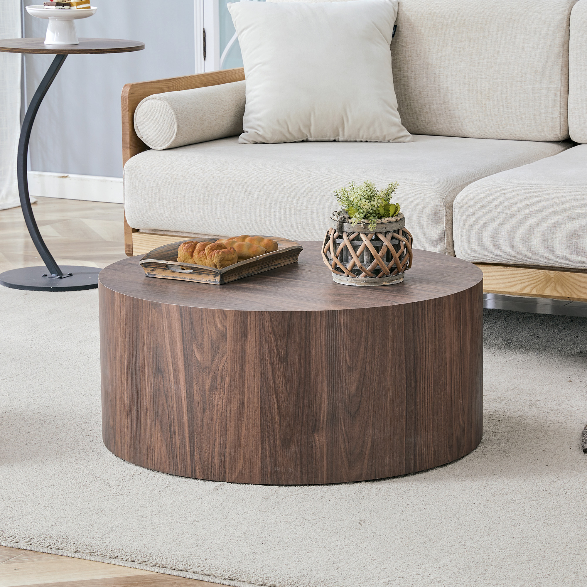 Table basse cylindrique noyer, 23,6po diam. x 11,8po, MDF