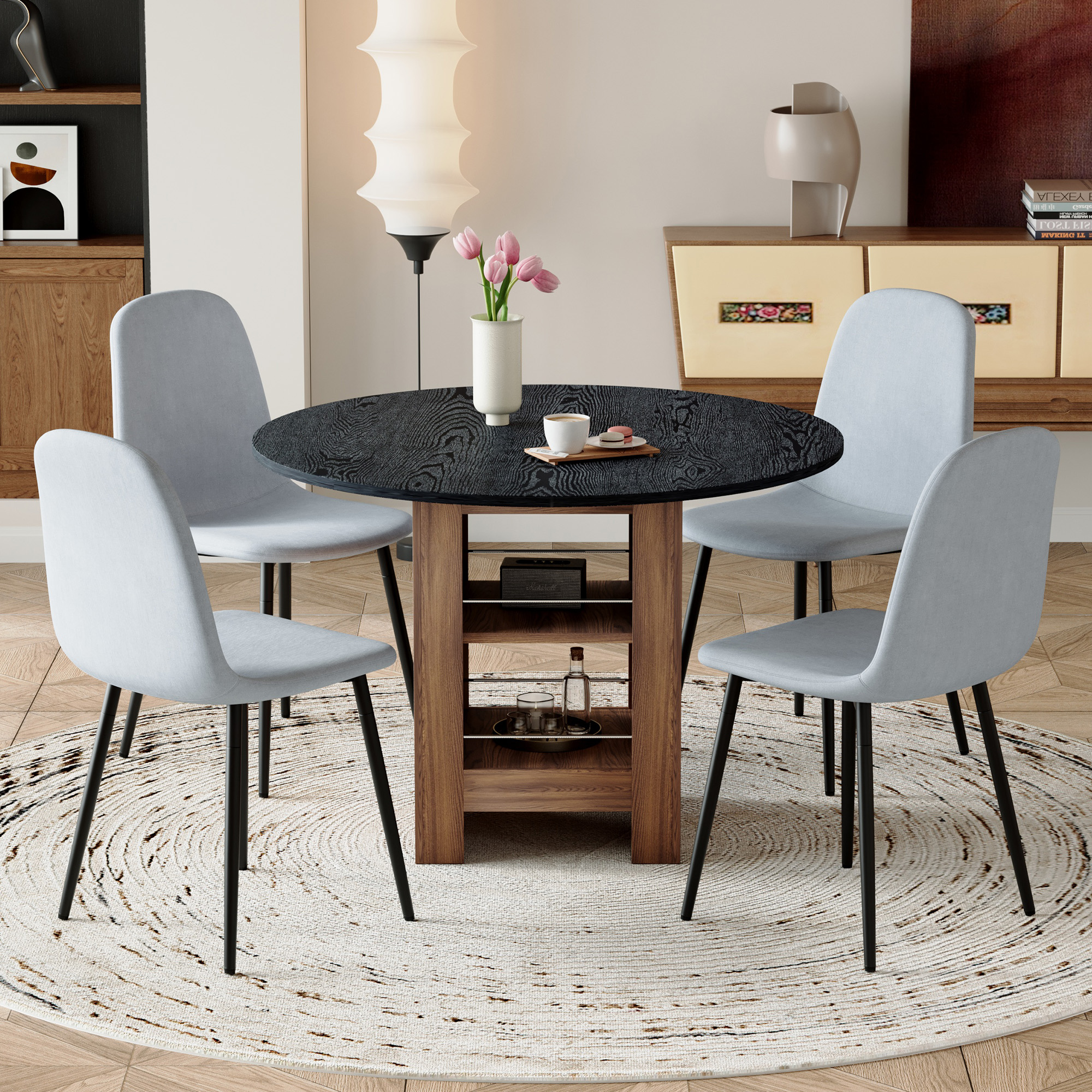 Ensemble table 42" ronde et 4 chaises, plateau noir MDF