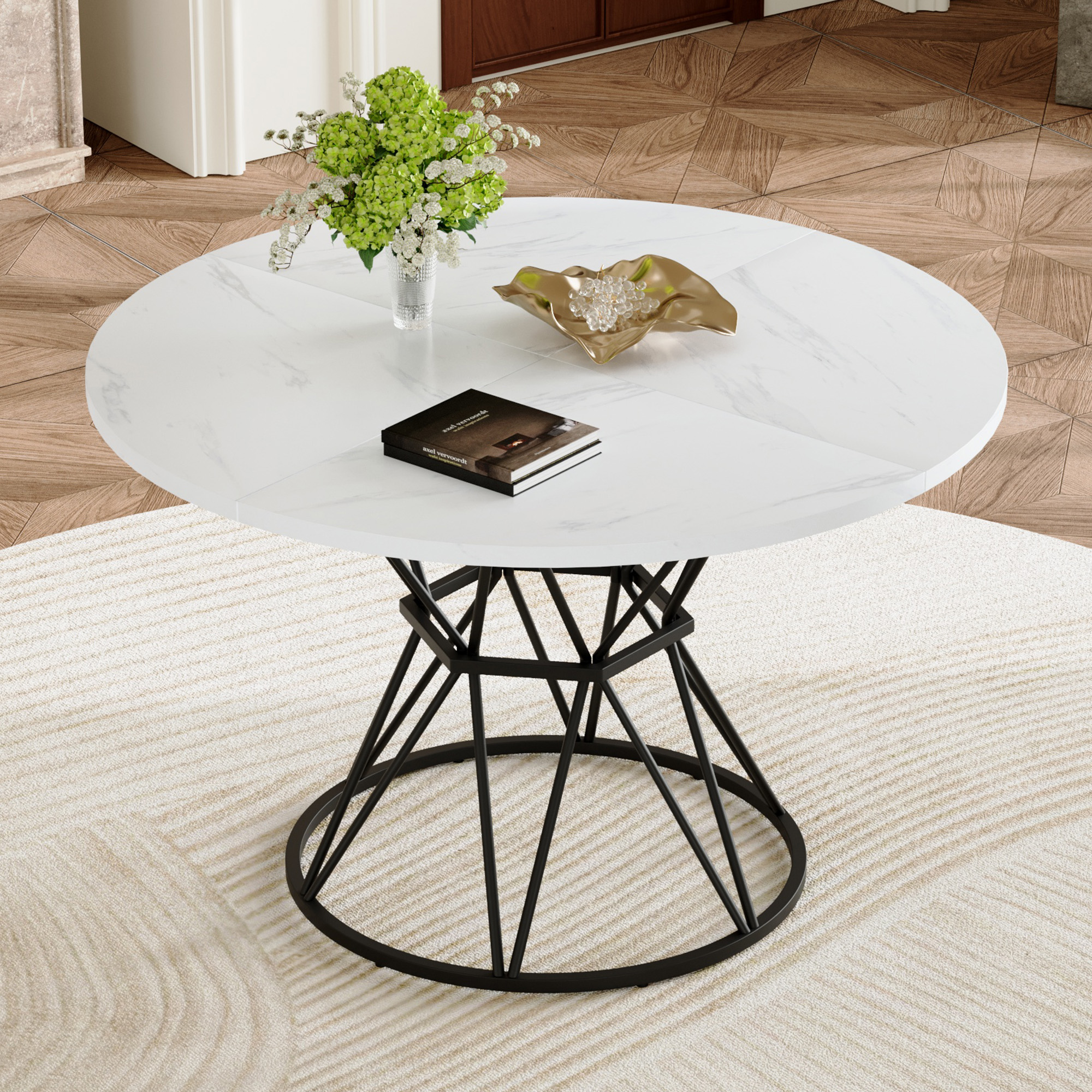 Table à manger ronde 47,3 po marbre blanc, style industriel