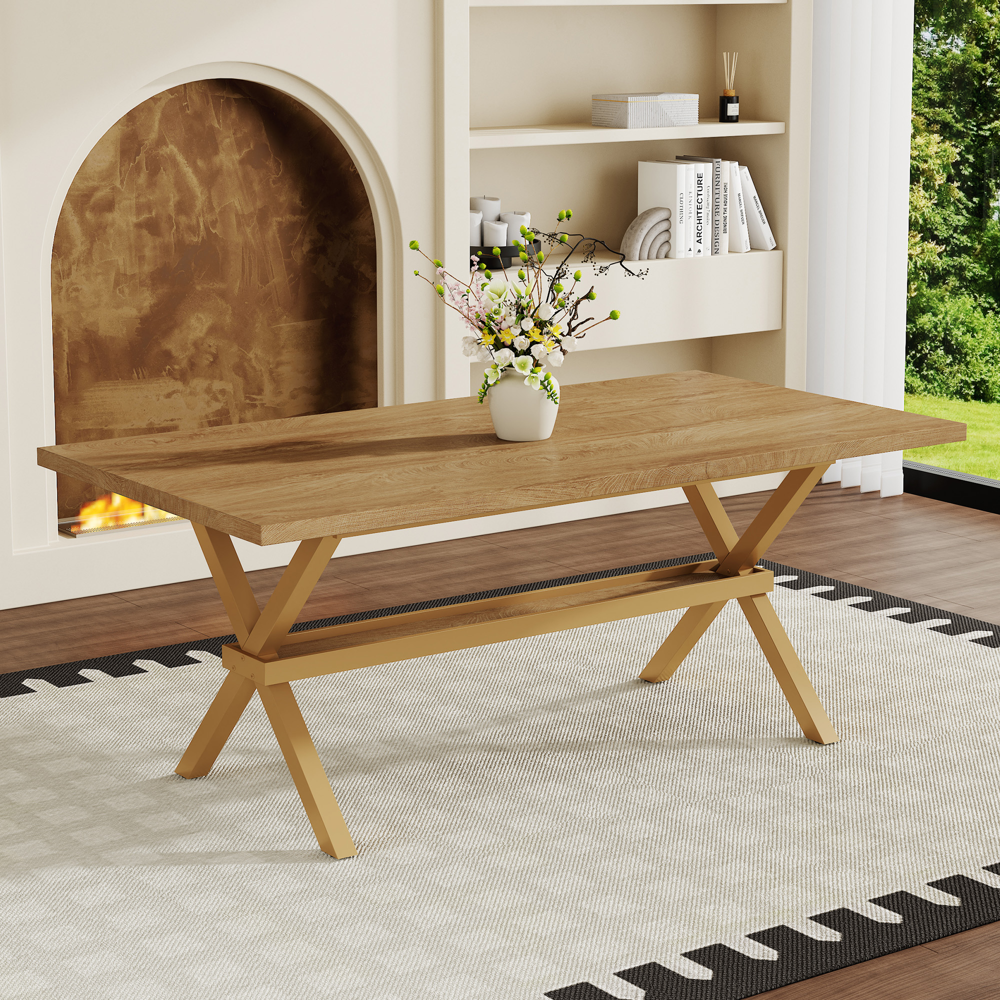 Table bois MDF 71" X 35.4po, plateau bois clair, cadre métal X, 6-8 places