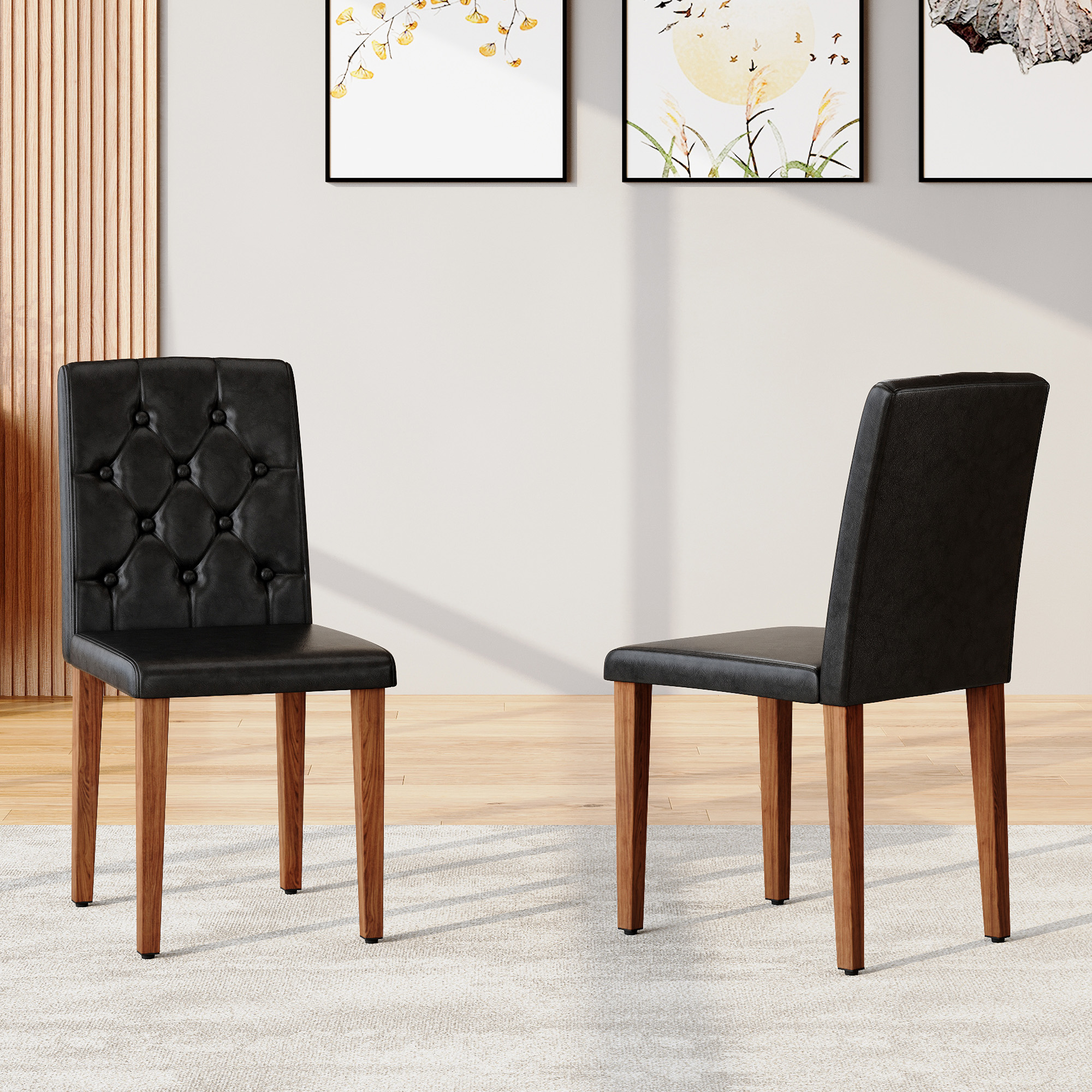 2 chaises de salle à manger noir PU, dossier ergonomique, 35 po, pieds métal