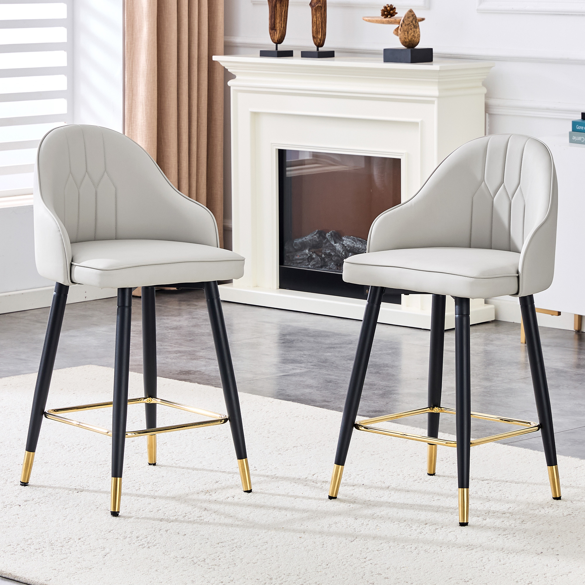 Tabourets bar cuir PU gris clair, ens. de 2, accoudoir or