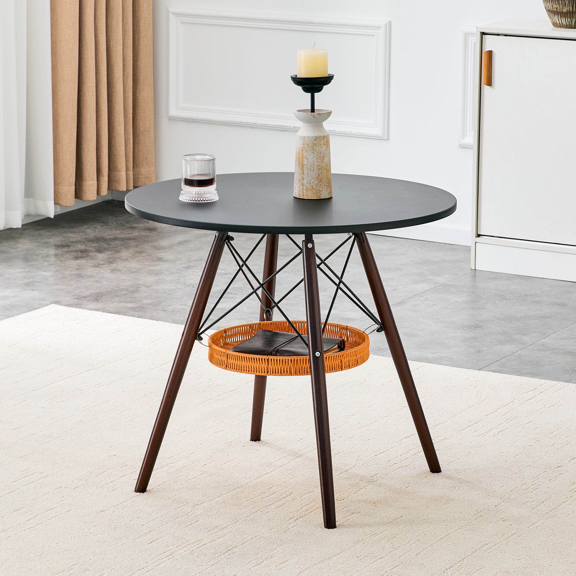 Table salle à manger circulaire 31,5 po, MDF noir, pieds bois noyer