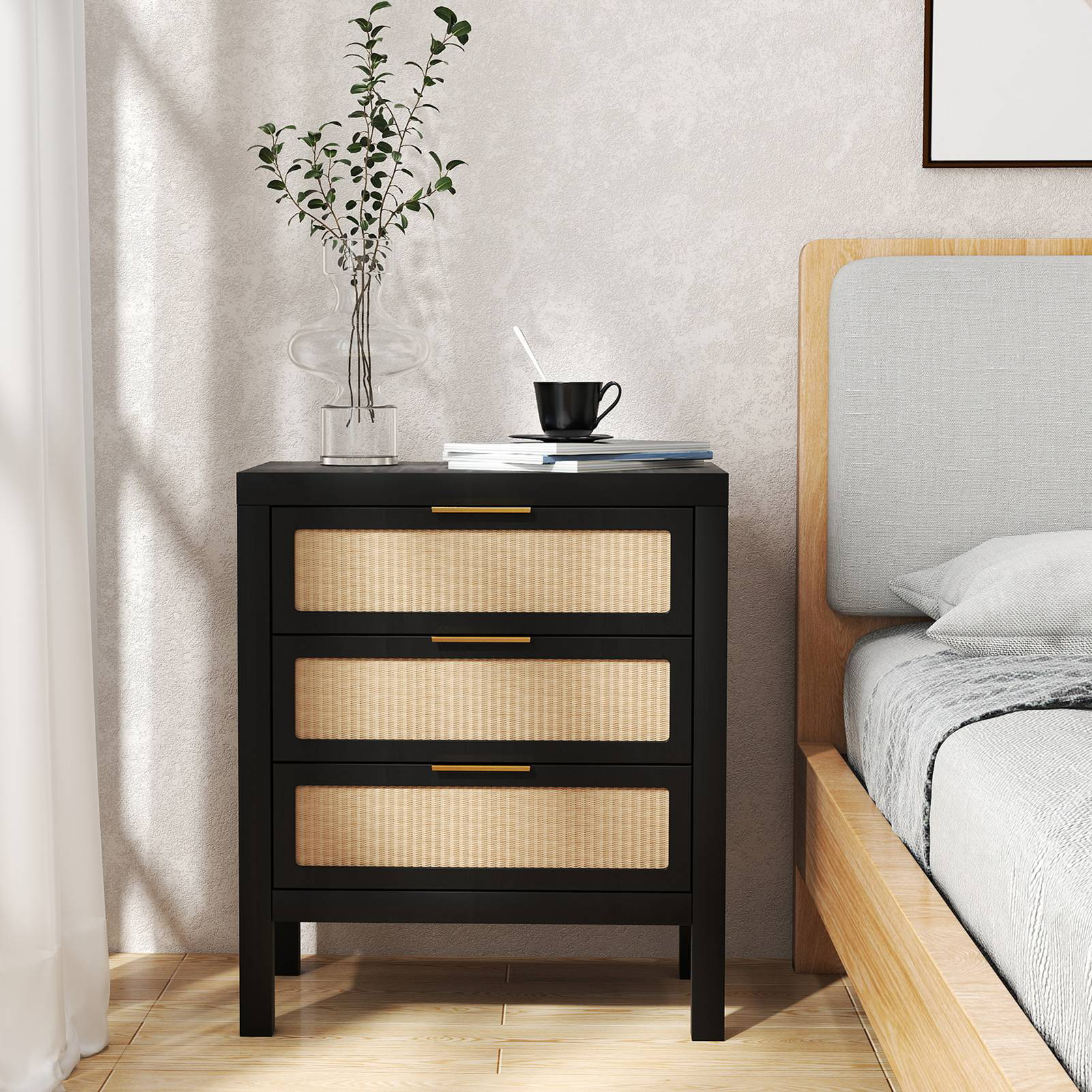 Table chevet 3 tiroirs bois moderne noir, rangement