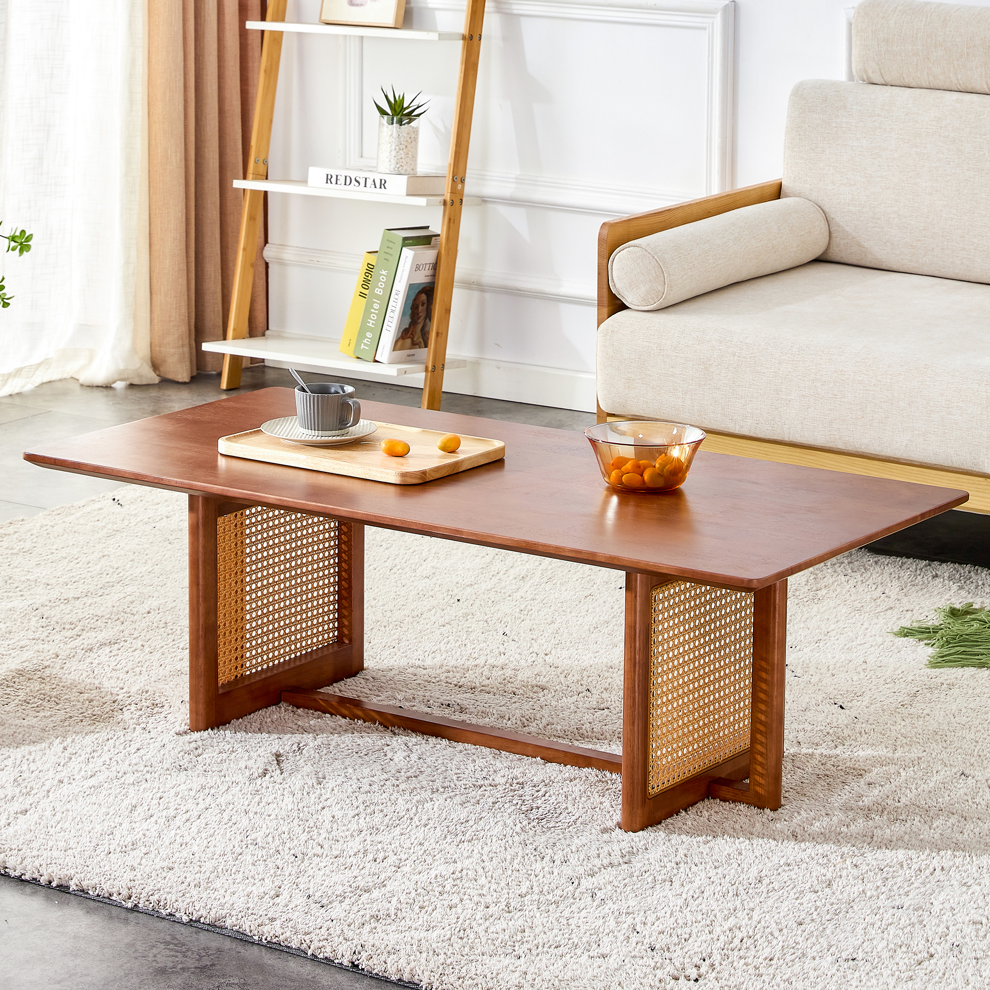 Table basse rectangulaire style asiatique, rotin imitation, noyer