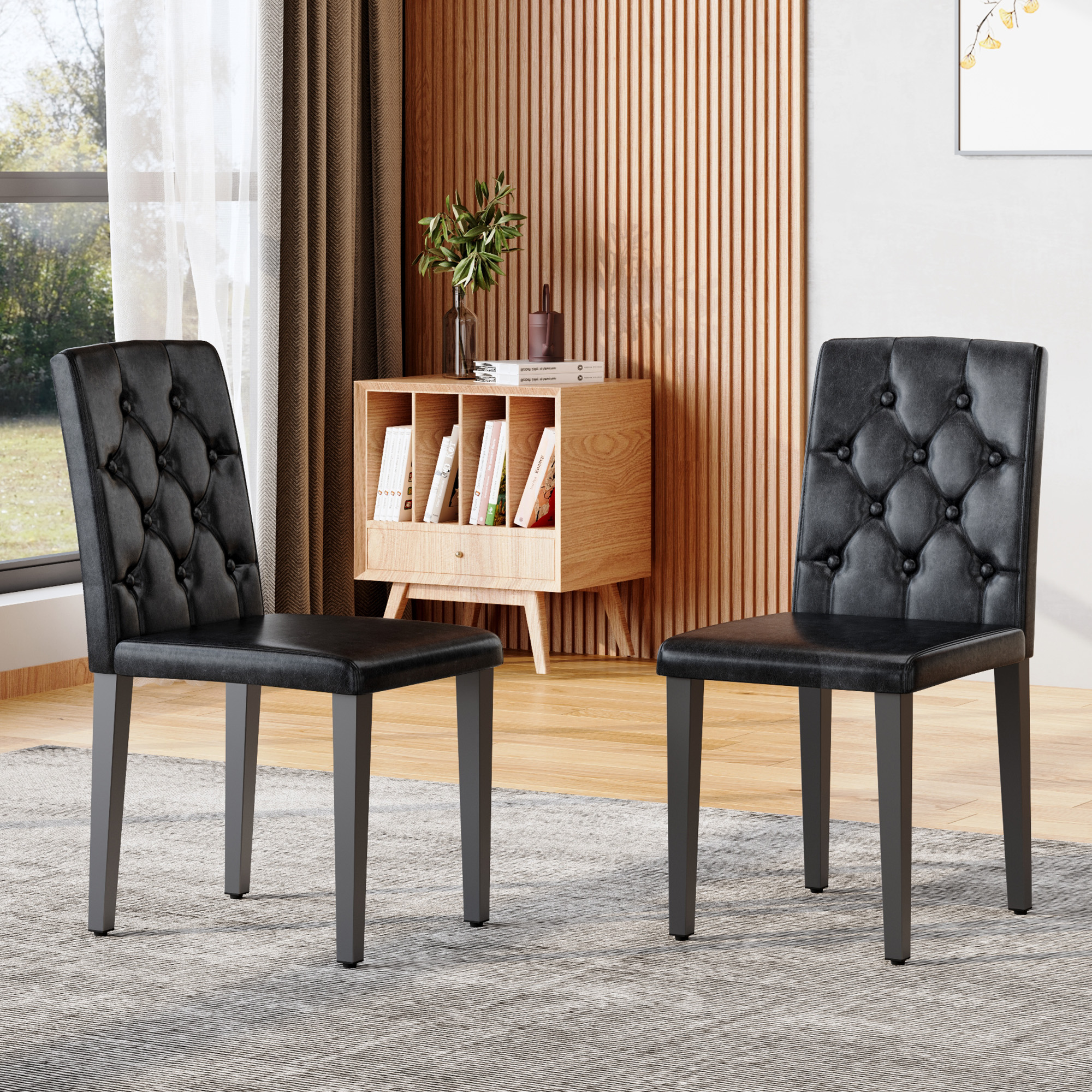 2 chaises salle à manger noir PU, dossier ergonomique, 35 po, pieds métal