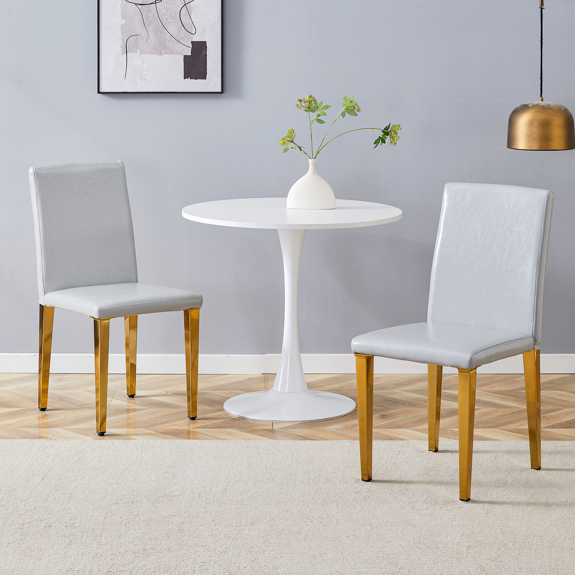 Ensemble 2 chaises gris clair PU dossier ergonomique pieds métal doré