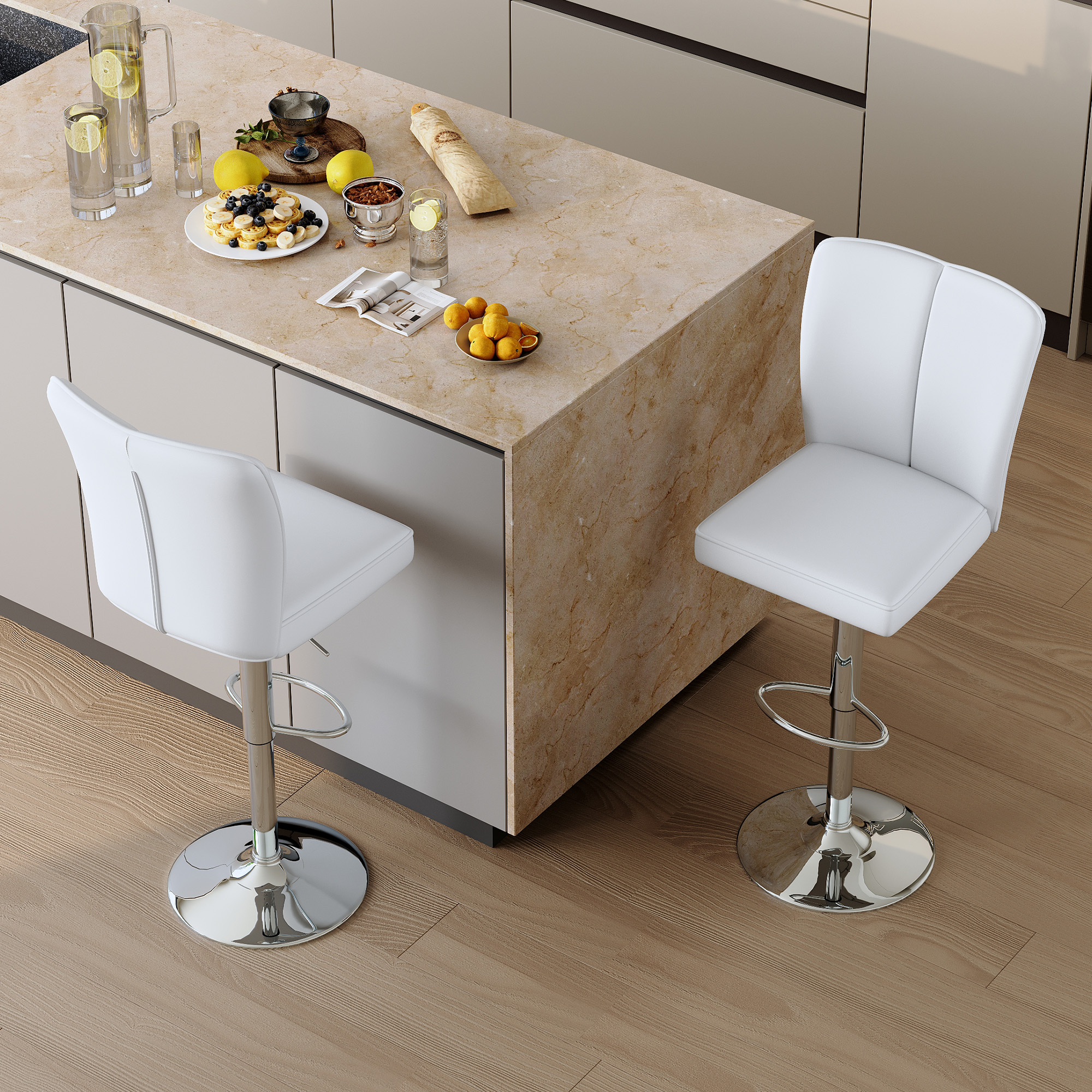 Ens. 2 tabourets bar blanc PU - Pieds métal argent trompette