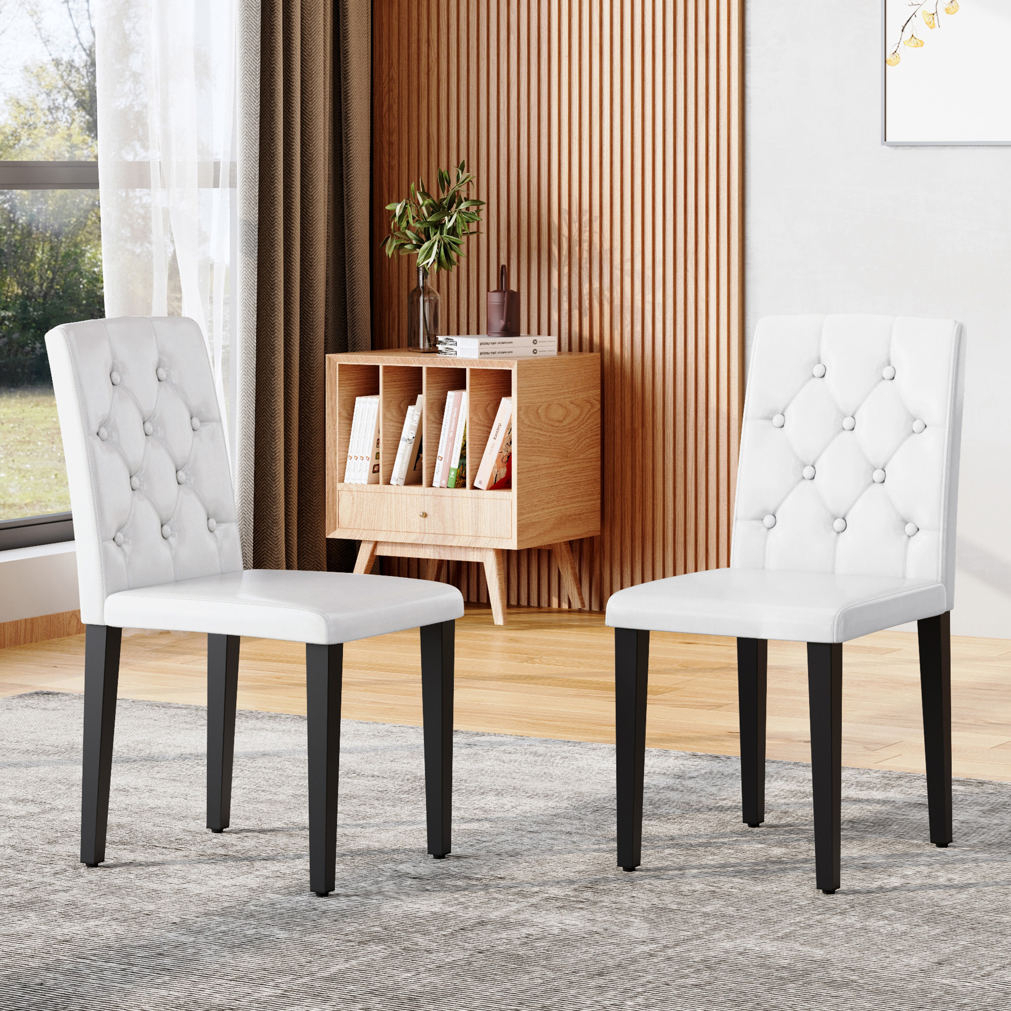 2 chaises de salle à manger blanc PU, dossier ergonomique, 35 po, pieds métal