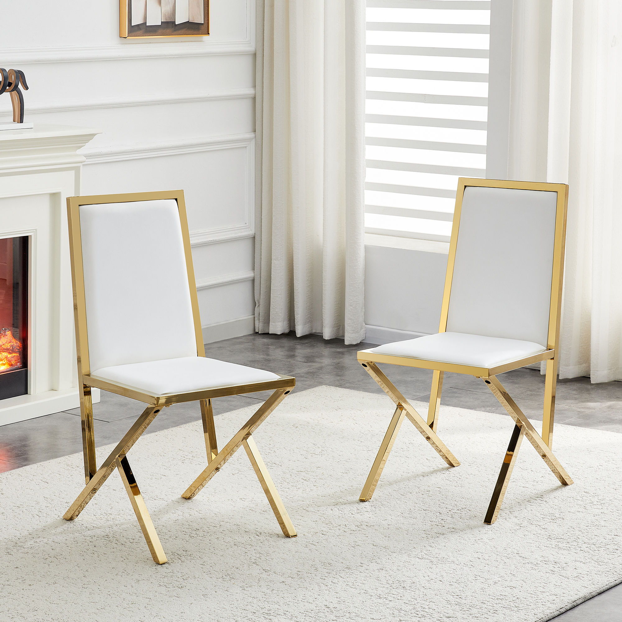 2 chaises salle manger métal or PU blanc, design ergonomique