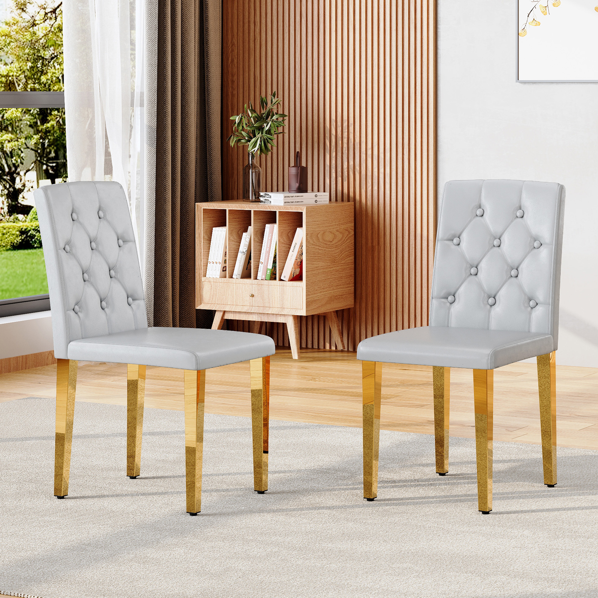 2 chaises salle à manger gris clair PU, dossier ergonomique, 35 po, pieds or