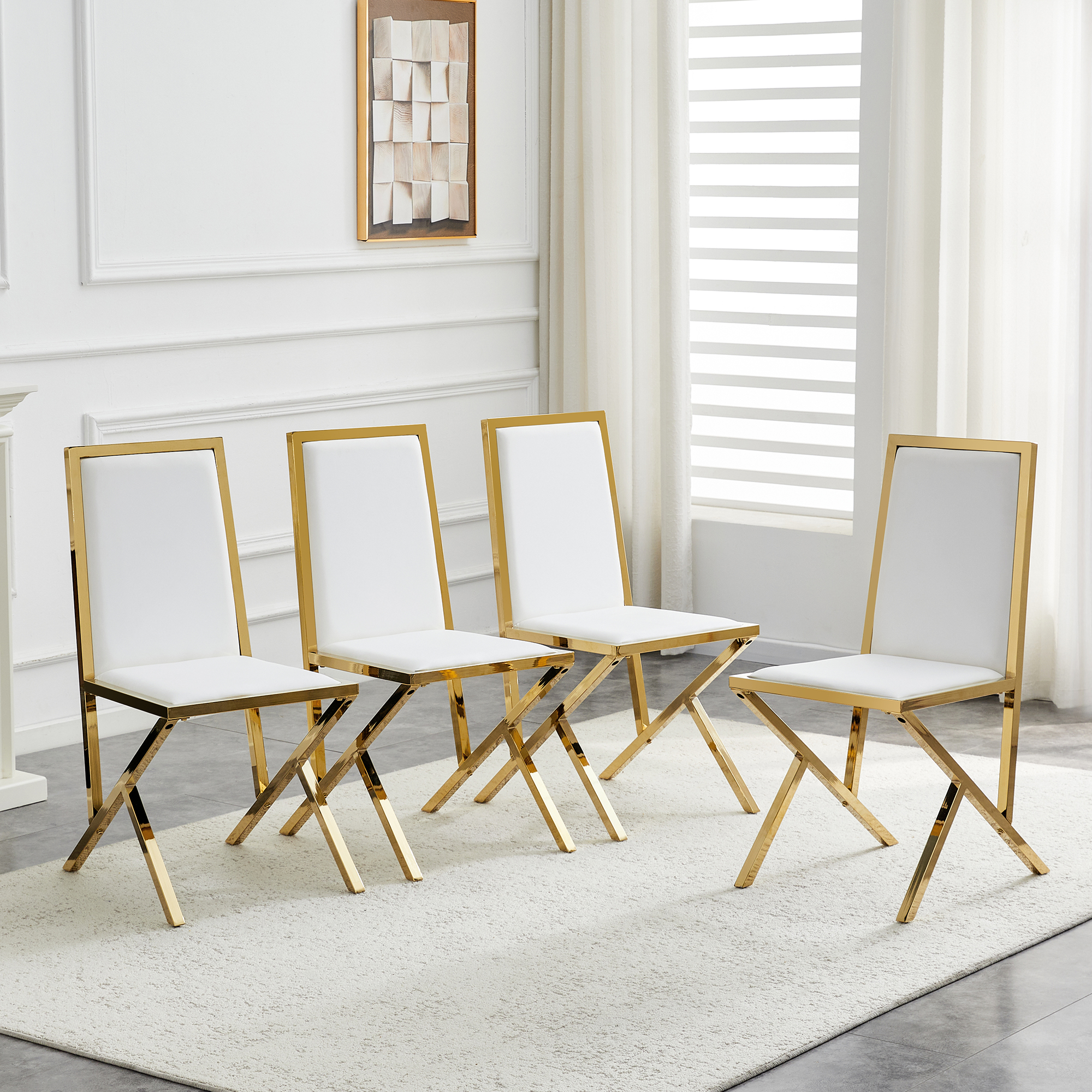 4 chaises salle manger or métal blanc PU, design ergonomique
