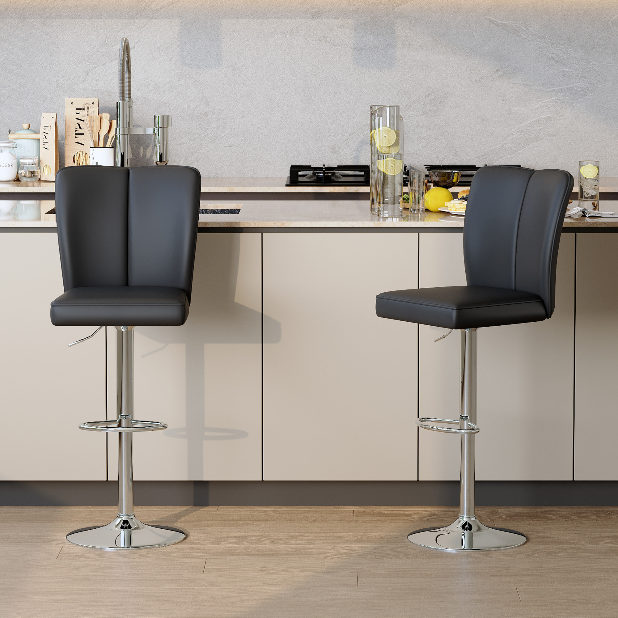 Tabouret bar noir PU 2pc, dossier, jambes métal
