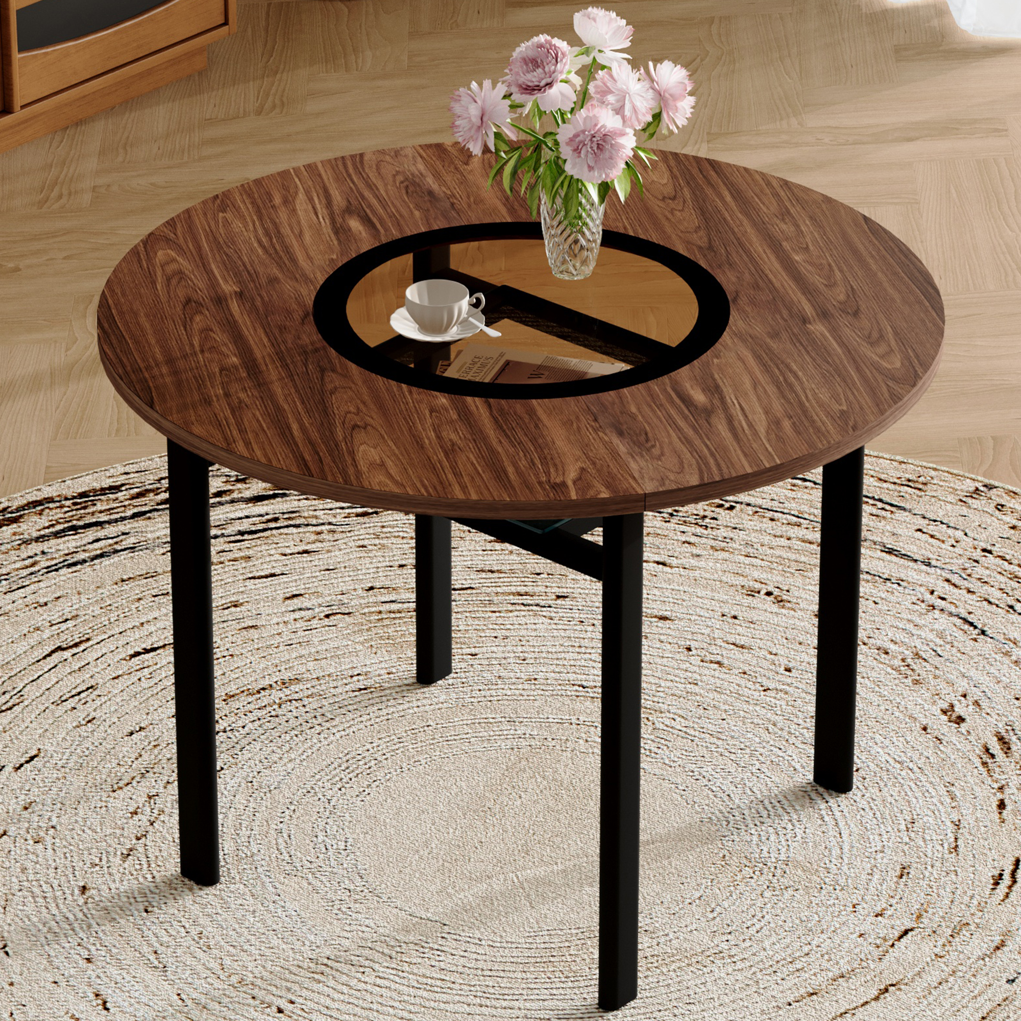 Table à dîner 42 po bois grain marron rond 4-6 personnes verre métal