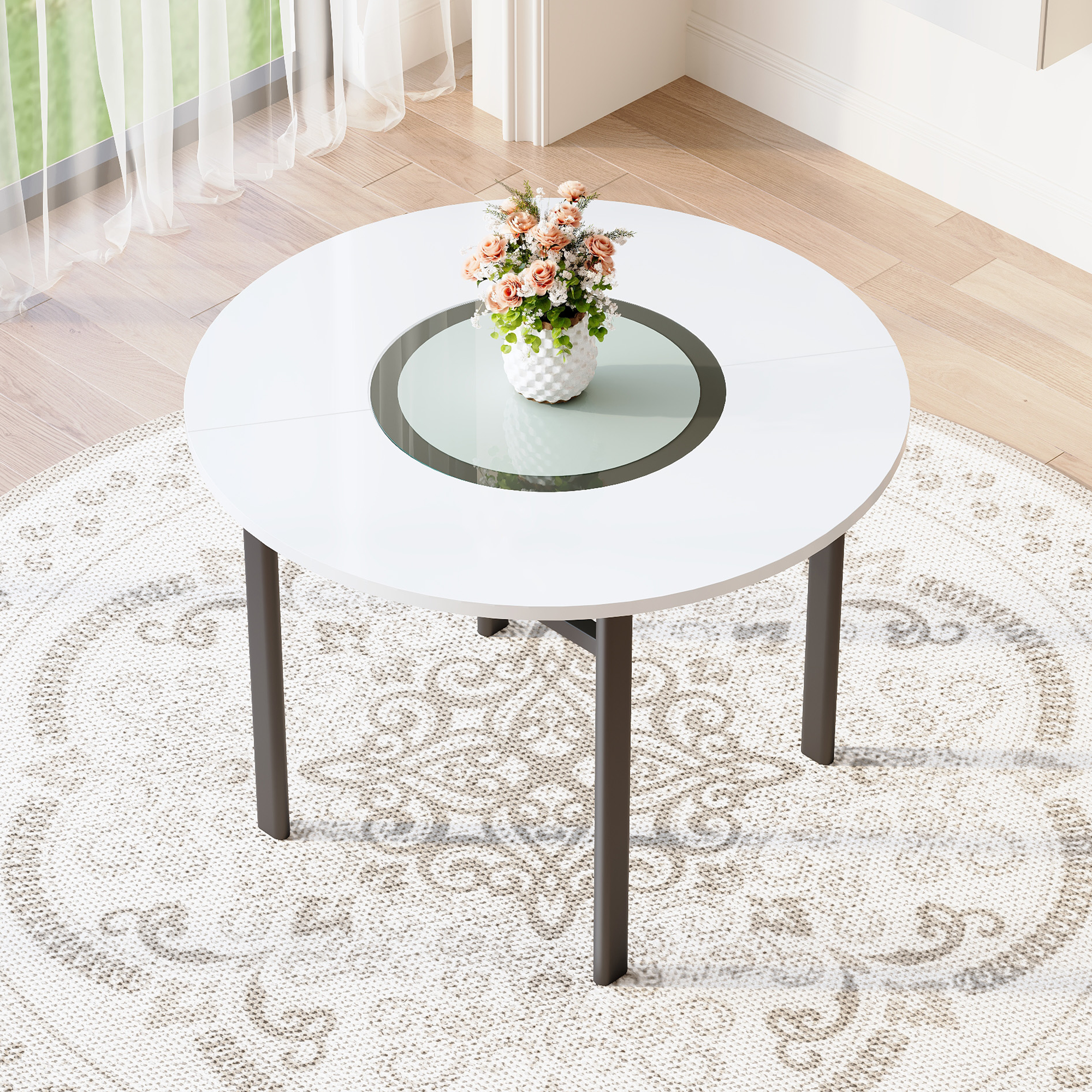 Table à manger ronde 42 po, blanc minimaliste, verre gris, 4-6 pers