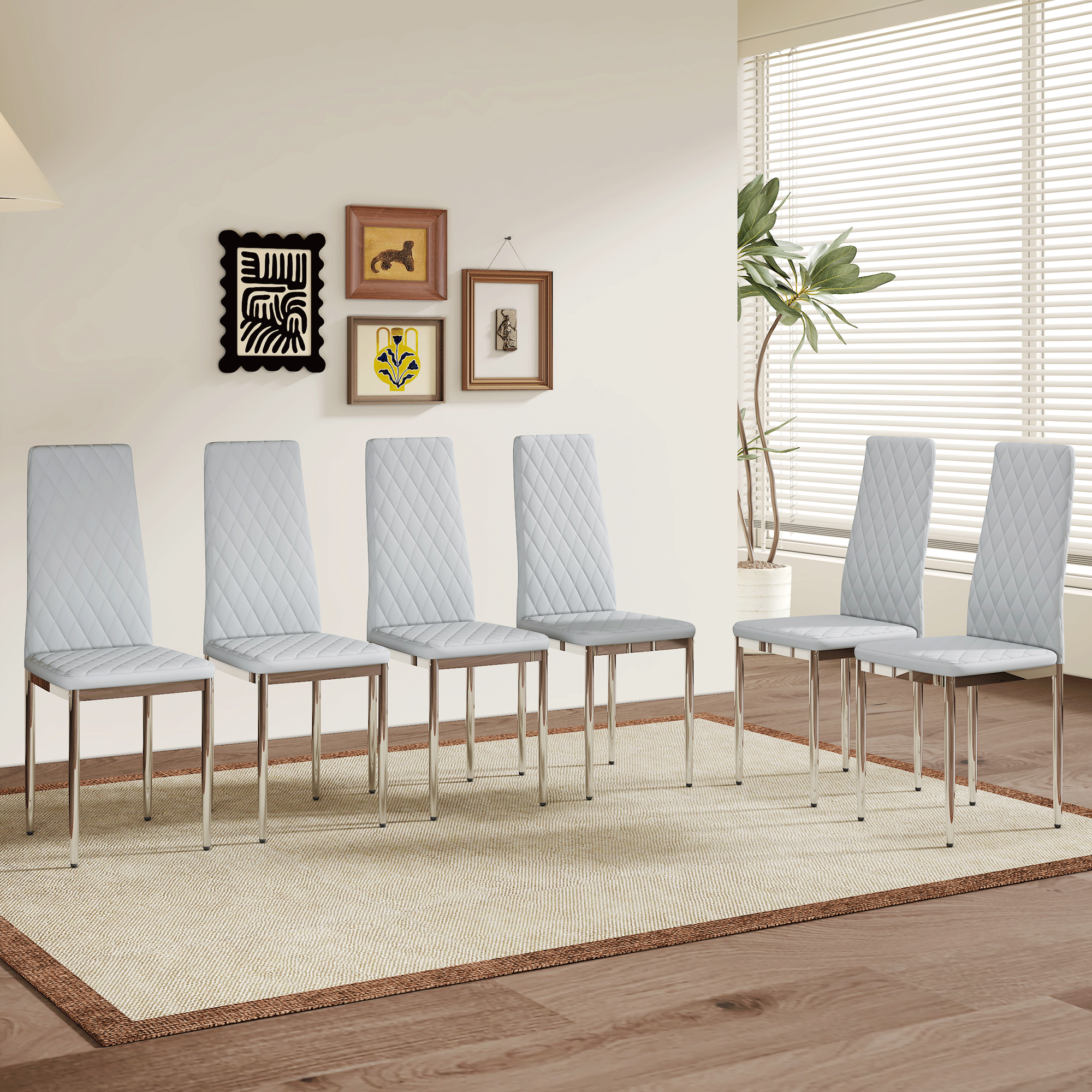 Ens. 6 chaises à manger modernes gris clair, PU, jambes argent