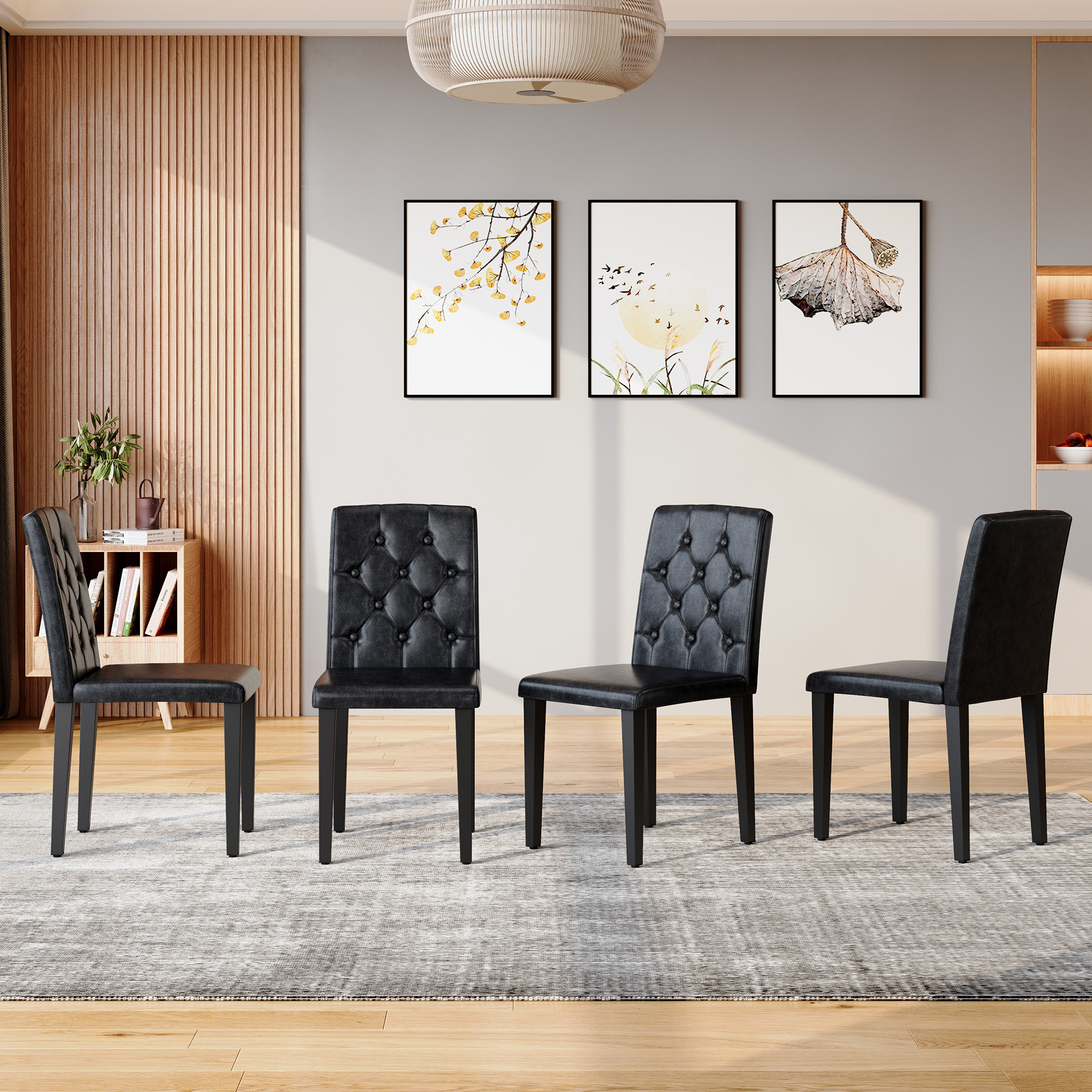 4 chaises salle manger PU noir W1151P295721, dossier, pattes métal
