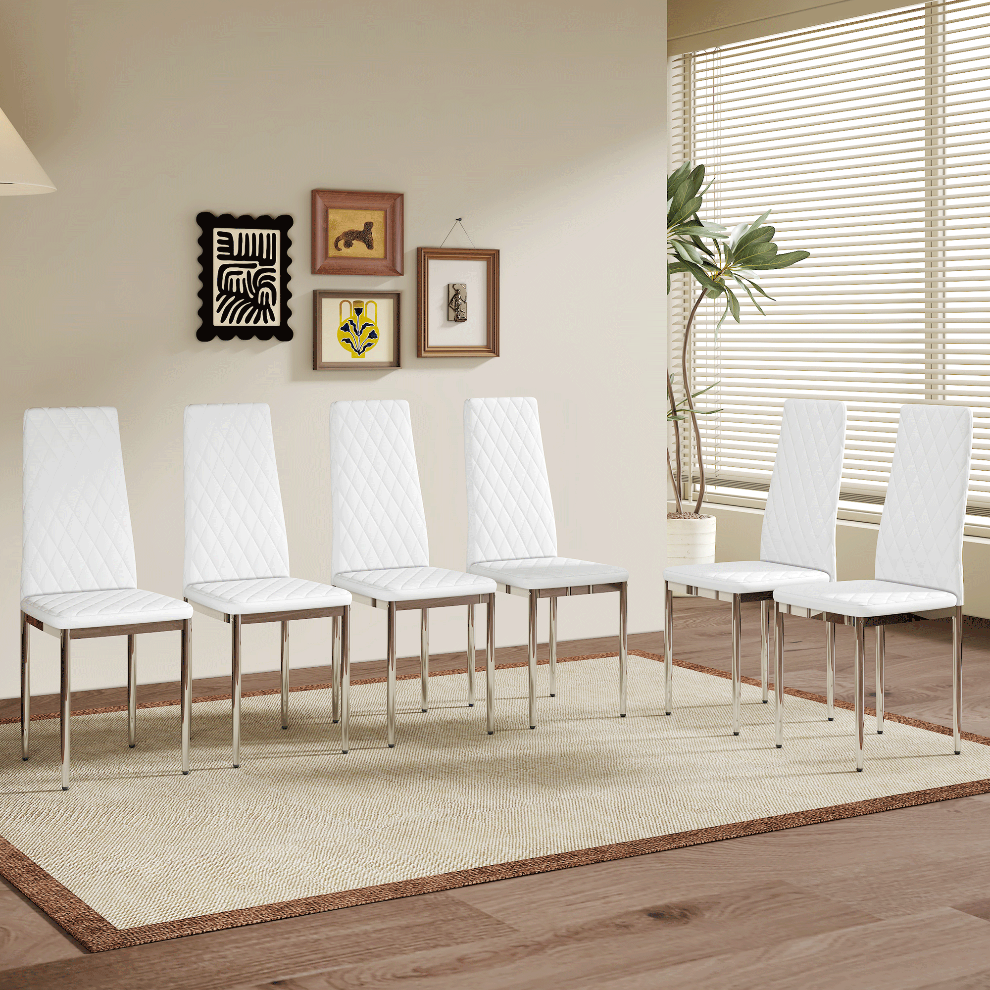 Ens. 6 chaises à manger modernes blanc, PU, jambes métal argent