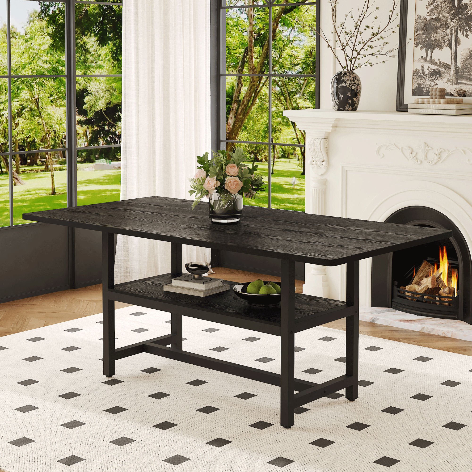 Table salle à manger 71x35,4po, base rangement, 4 plateaux MDF noir
