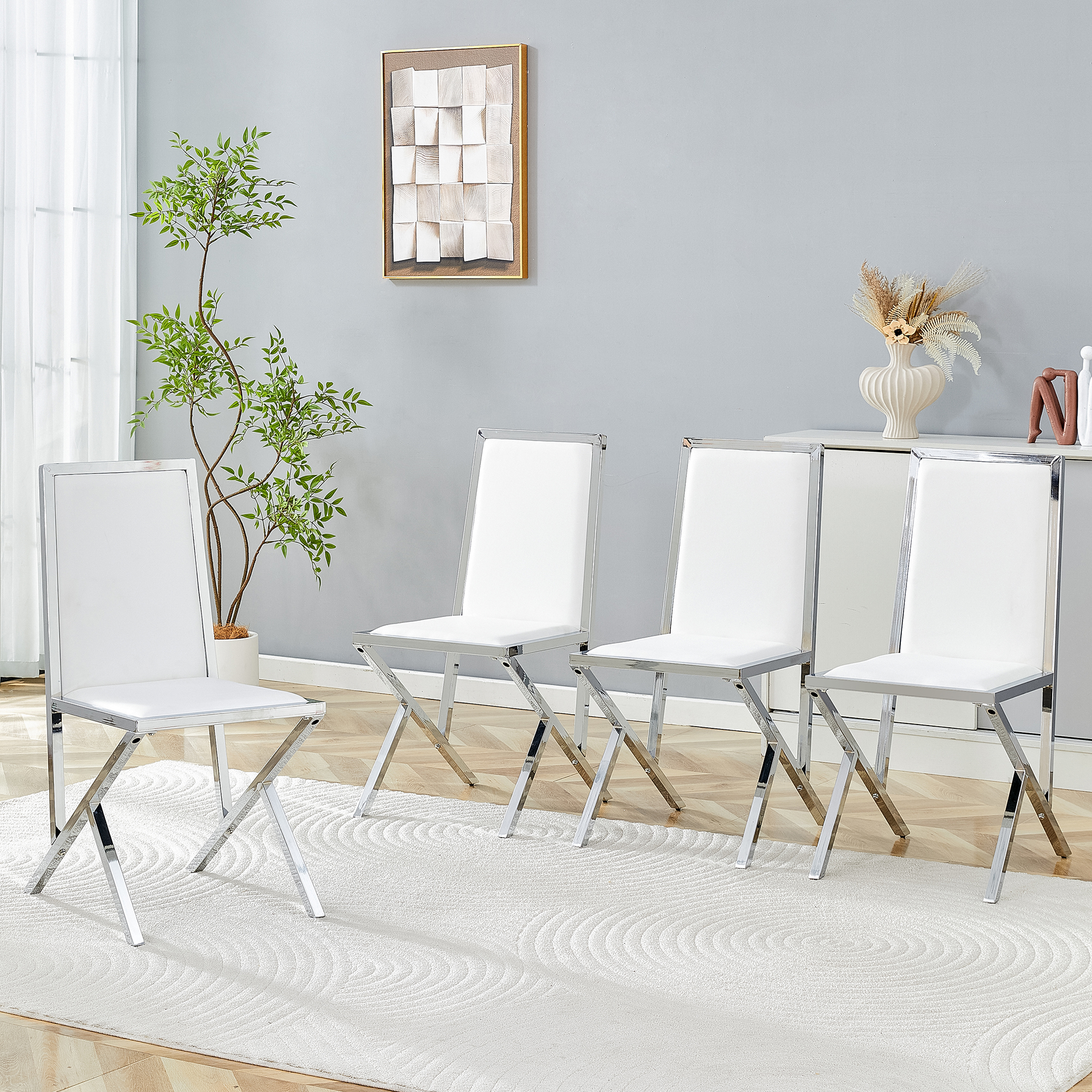 4 chaises salle à manger cadre métal gris PU blanc design ergonomique