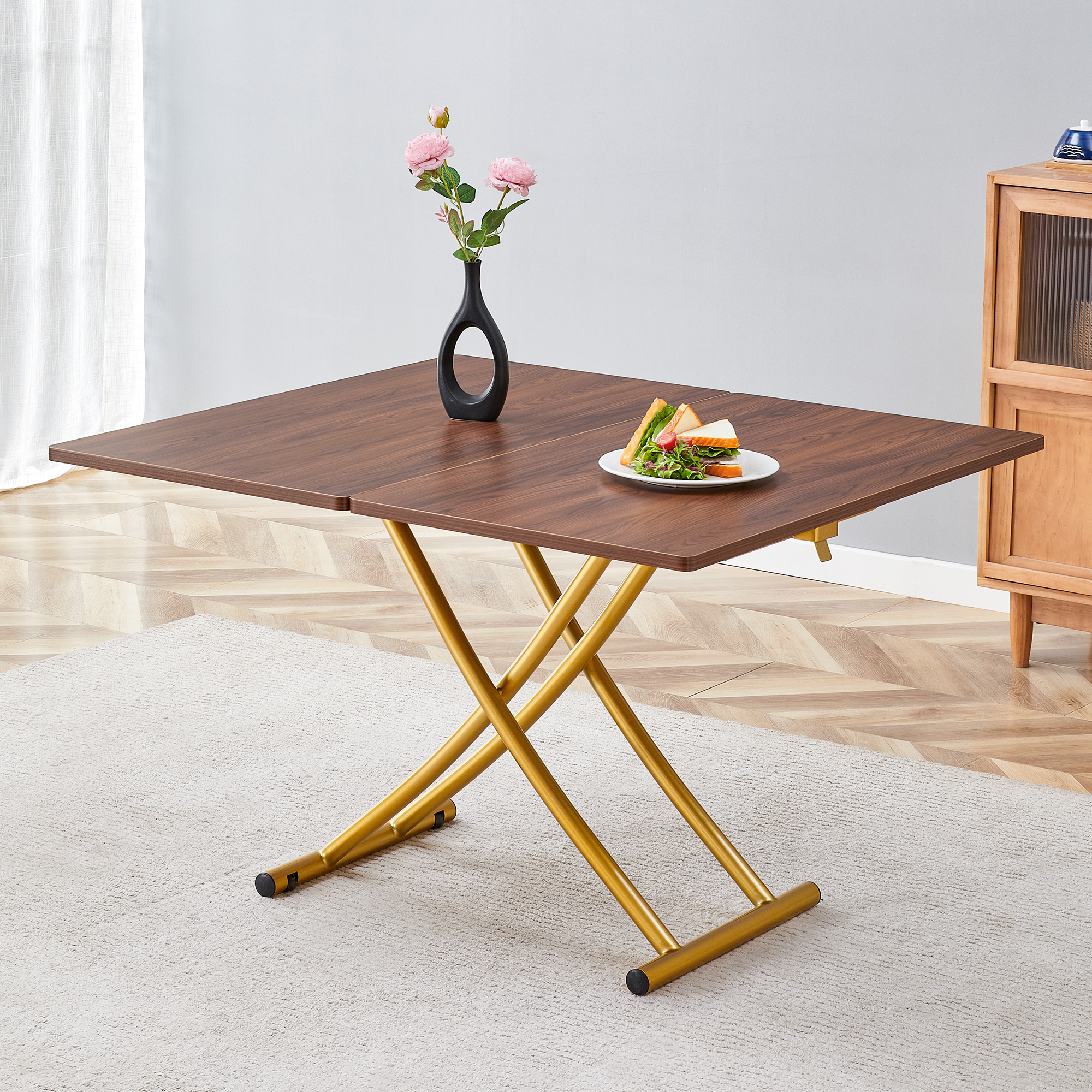 Table multifonction moderne, plateau MDF 0,8 po, pieds métal doré