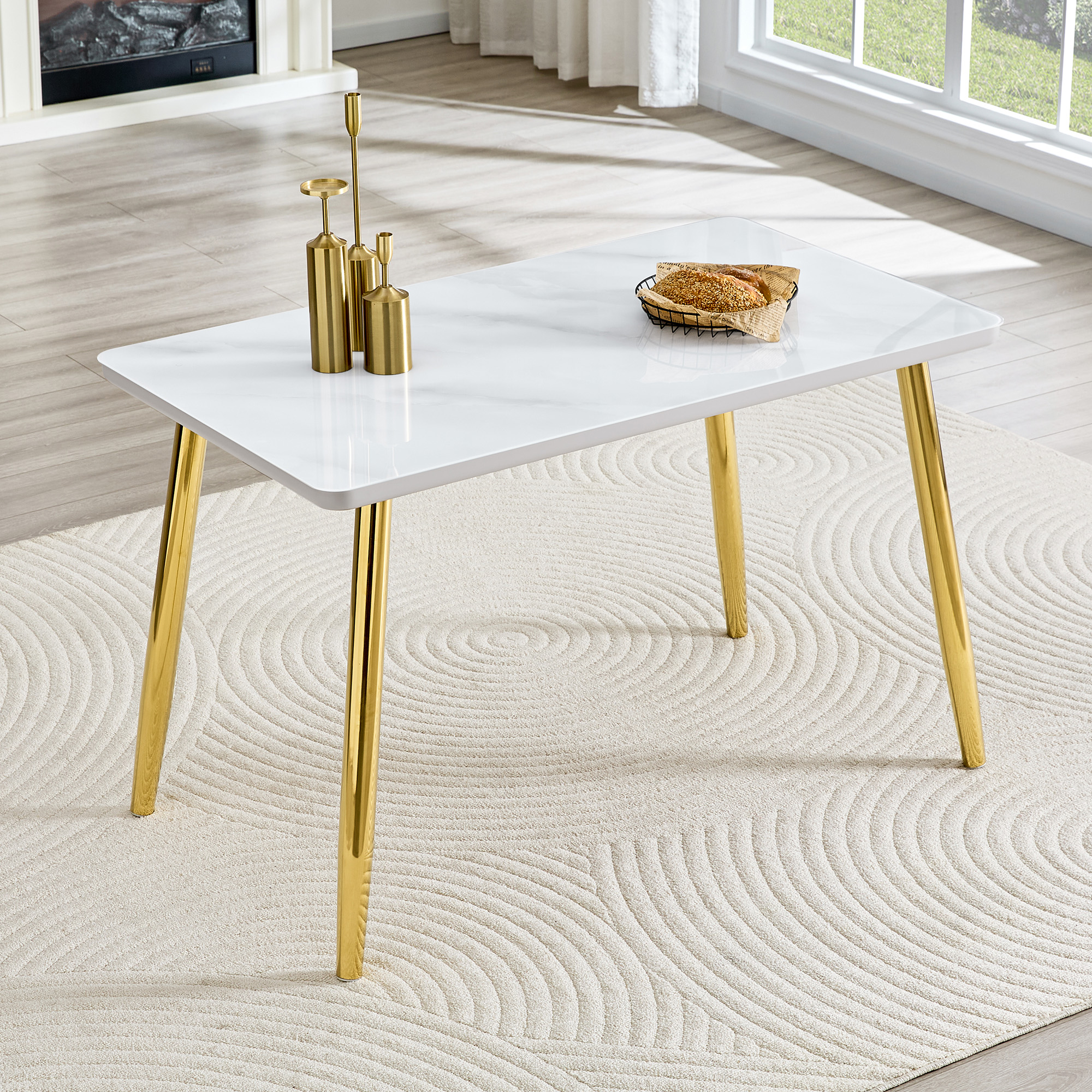 Table salle à manger verre/MDF marbre, pieds métal or, 4-6 personnes
